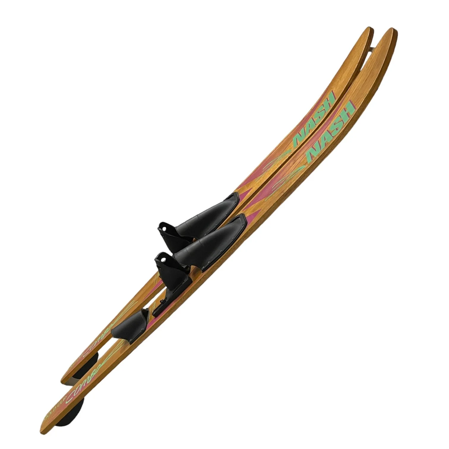 Side view of a pair of vintage wooden water skis - Nash Gold Cup Combo.