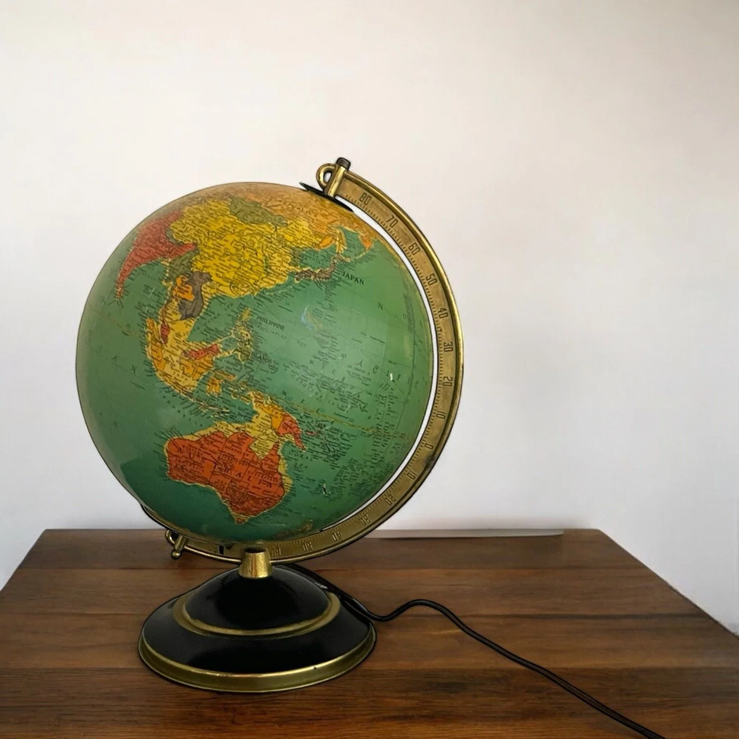 Vintage 1940s Replogle 10 inch Library glass globe light on metal stand.