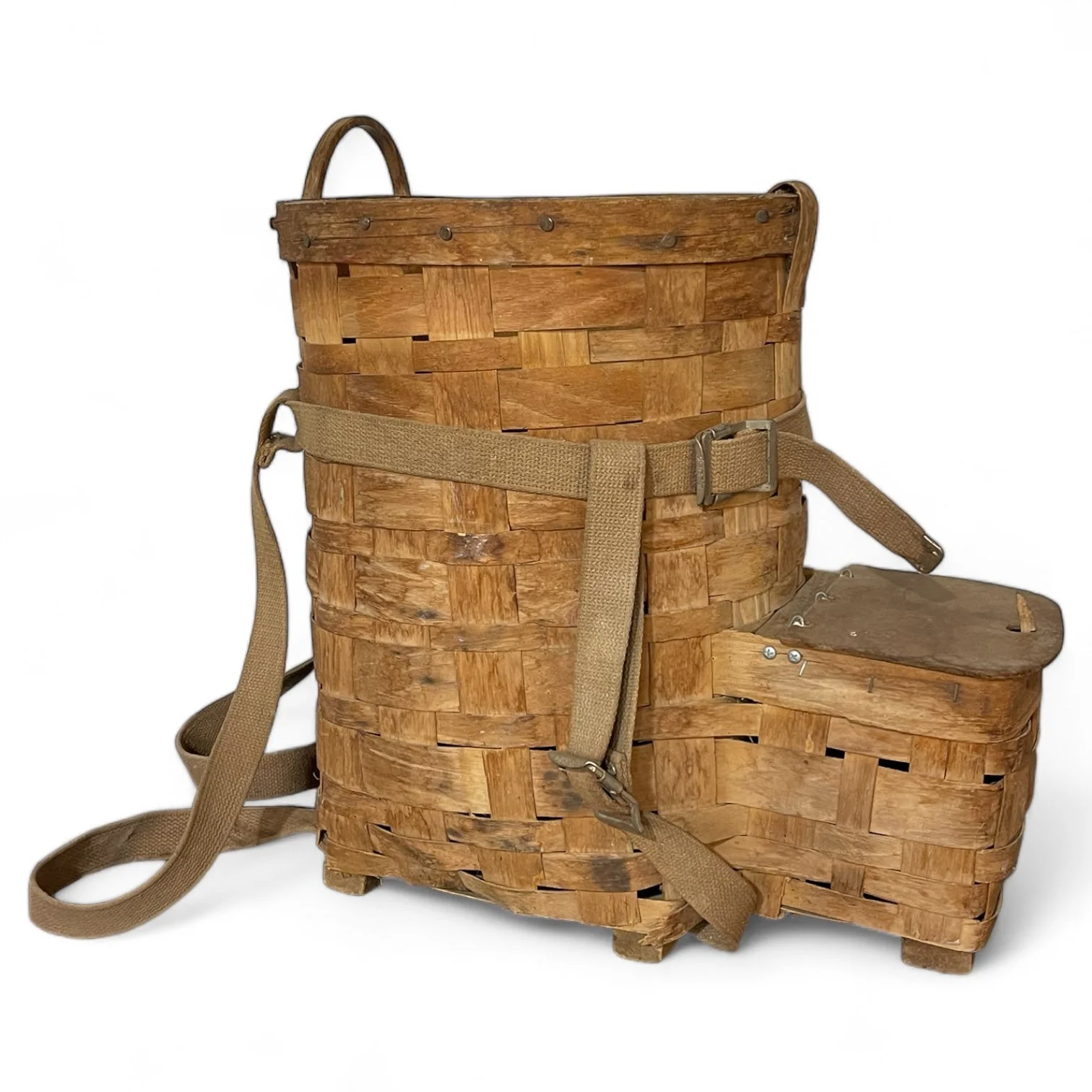 A large vintage Adirondack Pack Basket - 2 Compartments, 1 with lid, canvas adjustable shoulder straps.