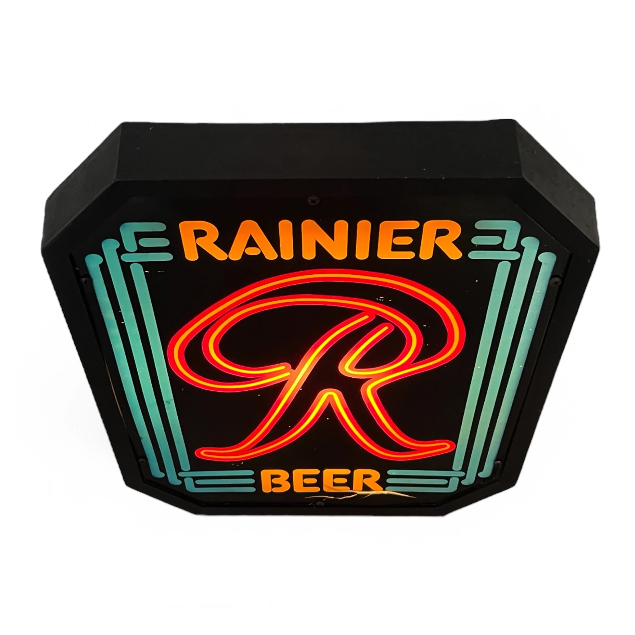 Vintage Rainier Beer octagonal faux neon plastic hanging sign, with retro red, yellow, blue logo, perfect for bar decor, man cave, or beer advertising collectors.