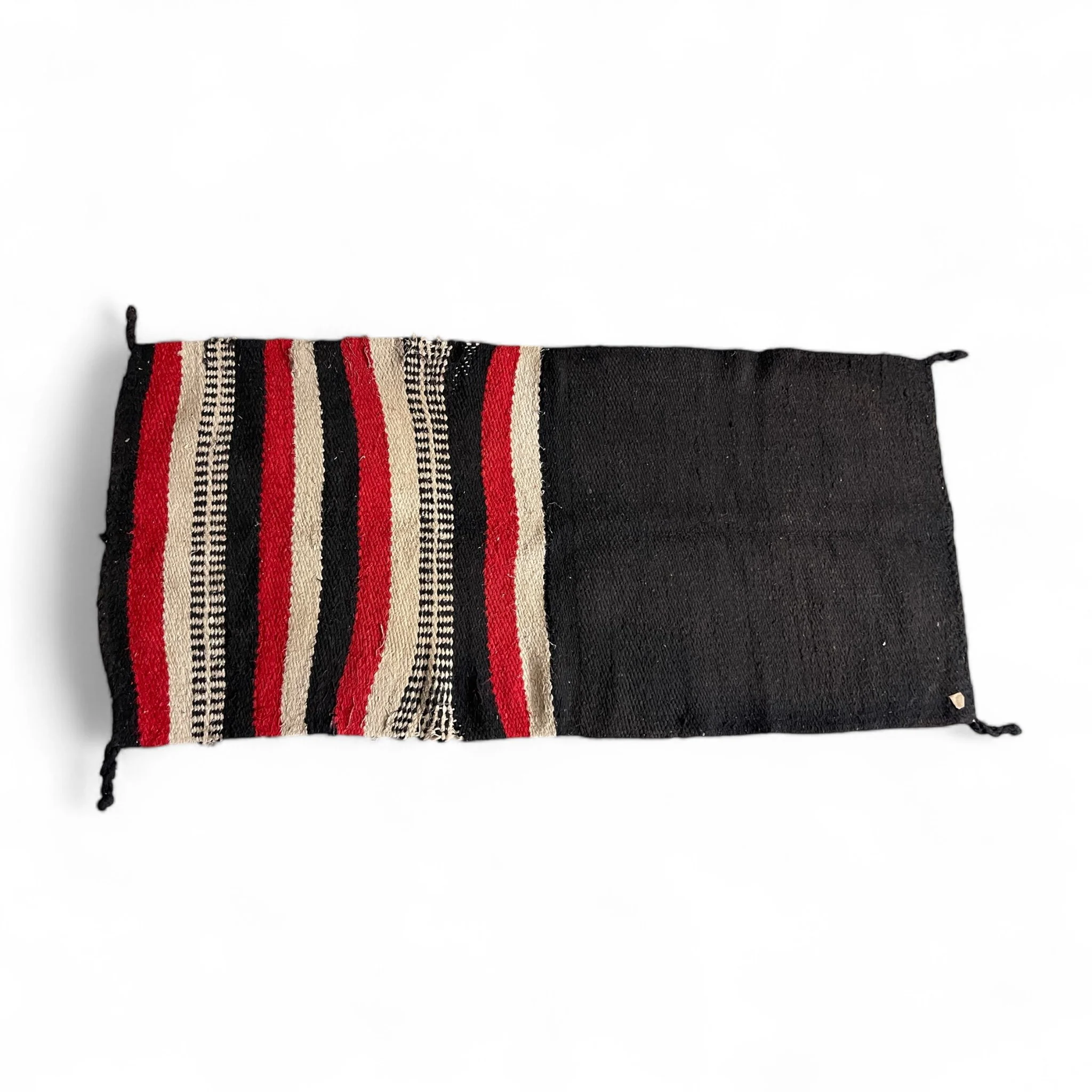 Vintage 31x64 inch Artesanias Rya throw rug, textile, striped horse blanket in solid black with red, beige, black stripes.