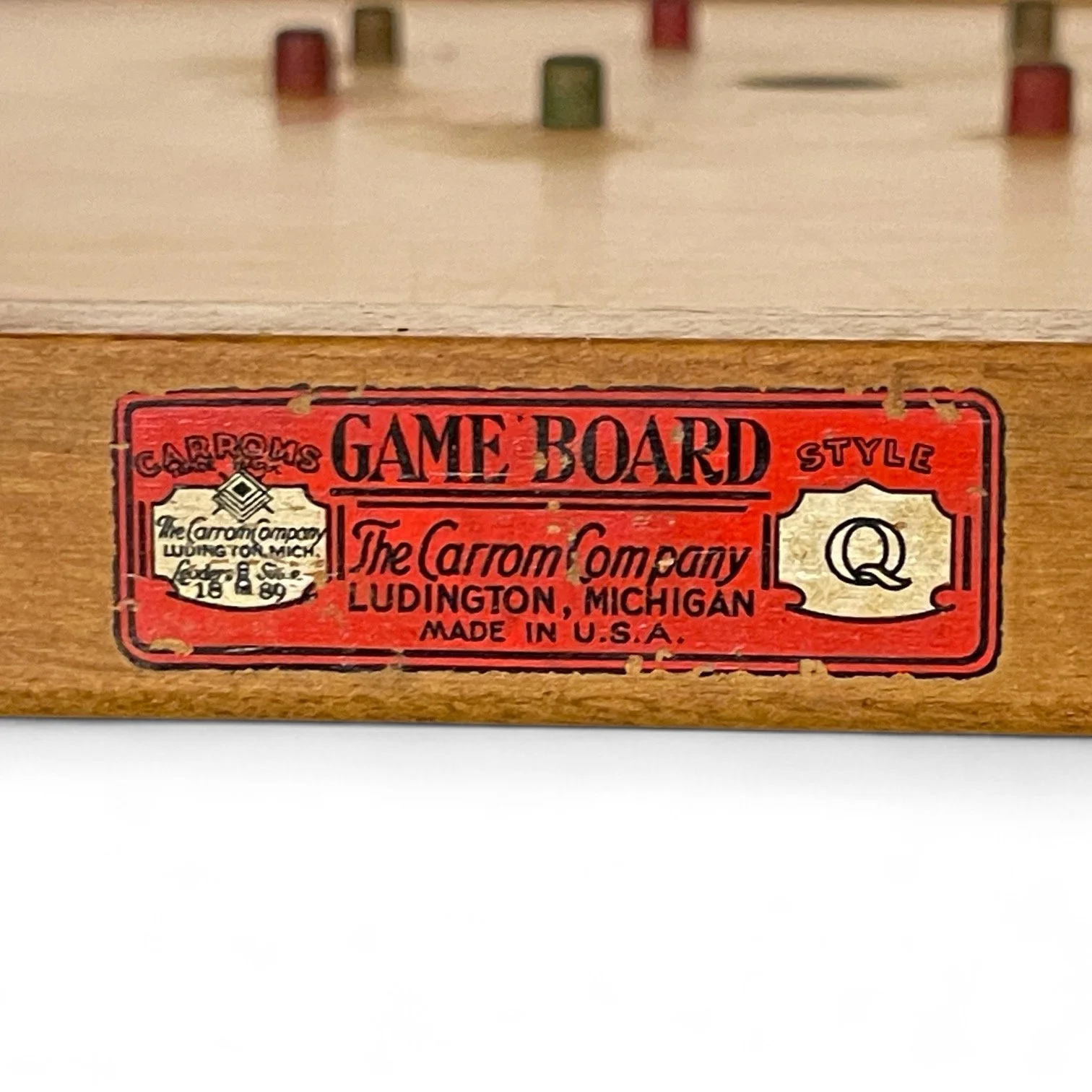 Antique 1930s Carrom Company Style Q square wooden game board, double sided with Viking ship.