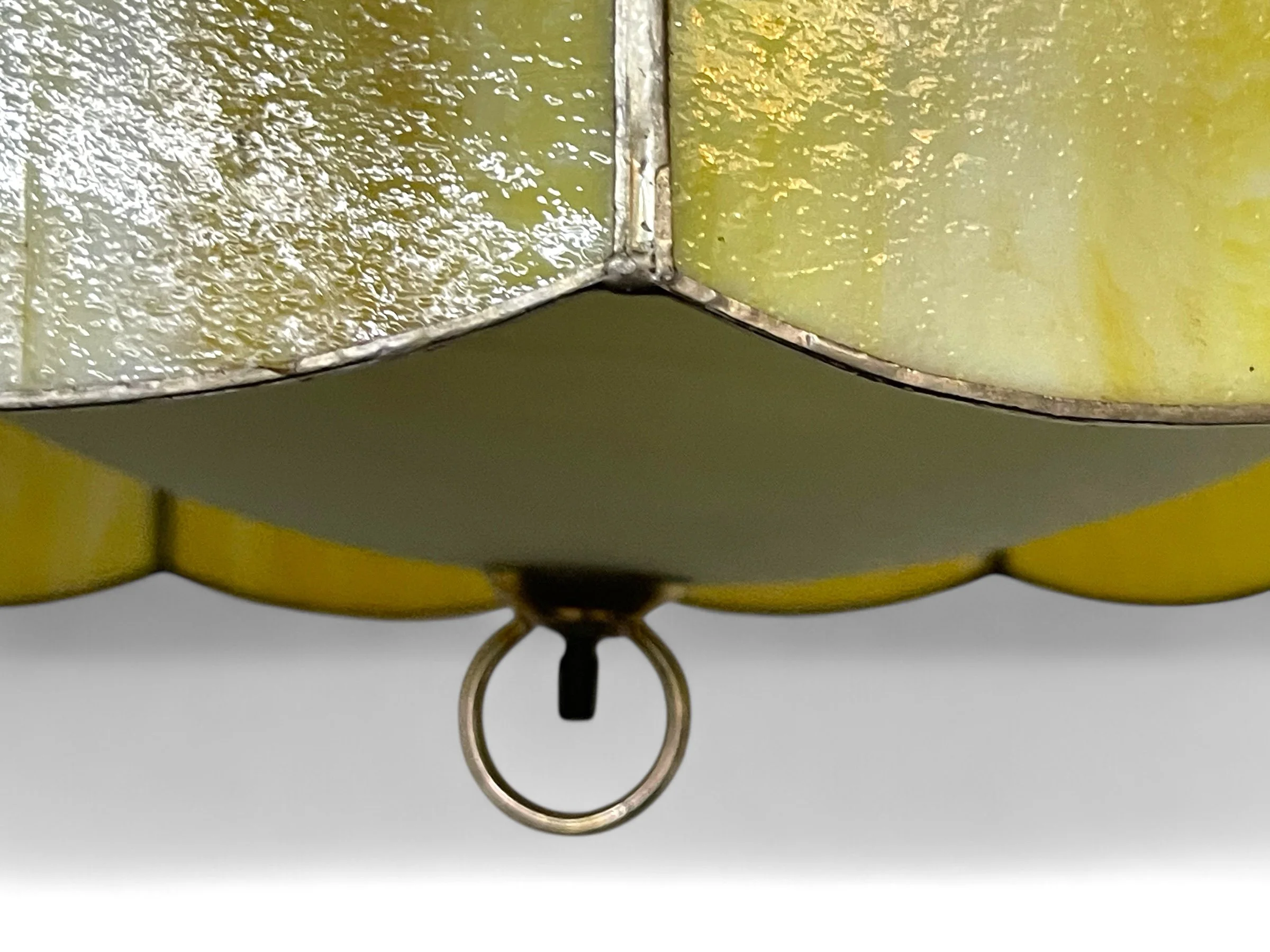 Vintage yellow and white slag glass retro hanging light, perfect for kitchen or dining room.