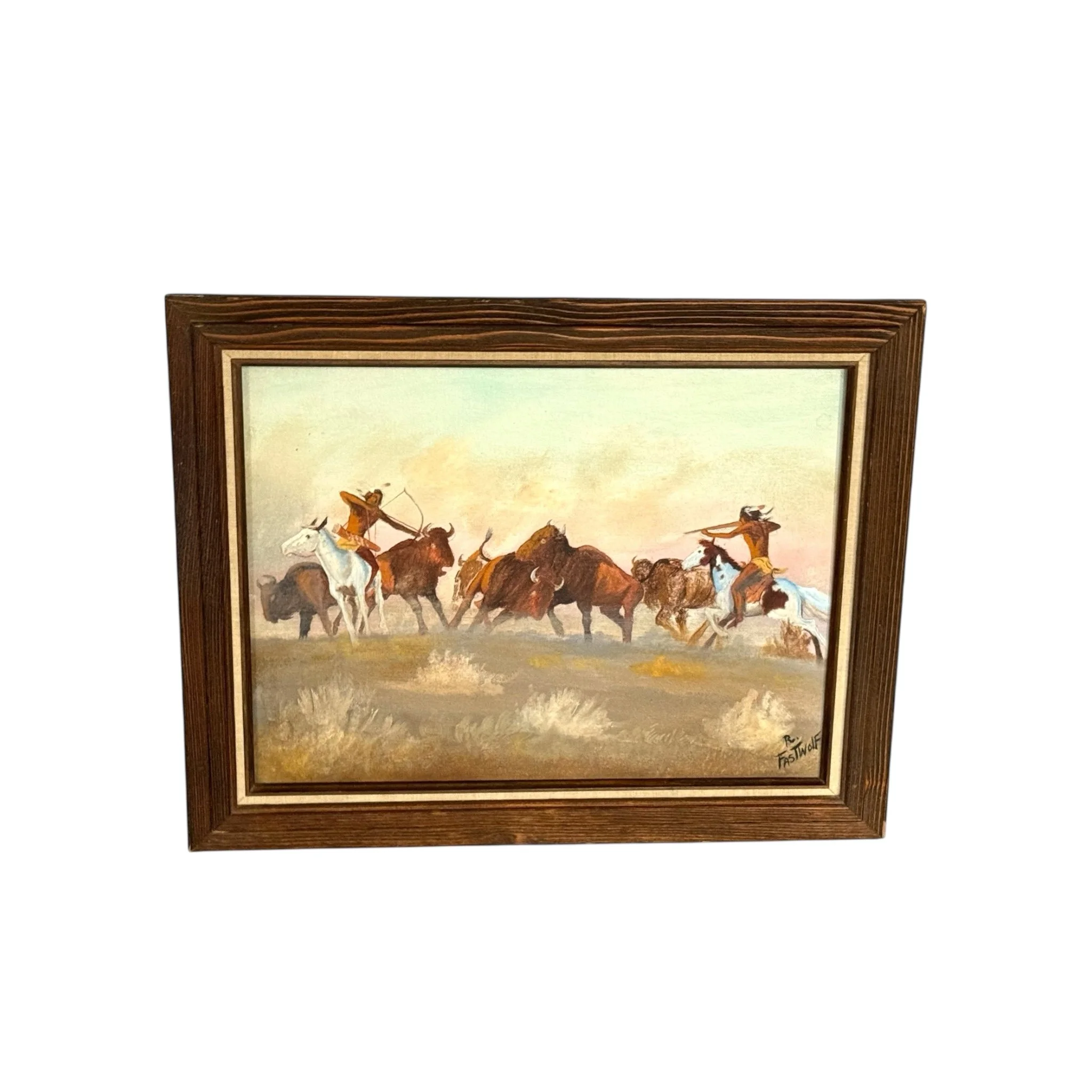 Original Native American buffalo hunt painting in wooden frame, ideal for Western themed interiors and rustic home decor.