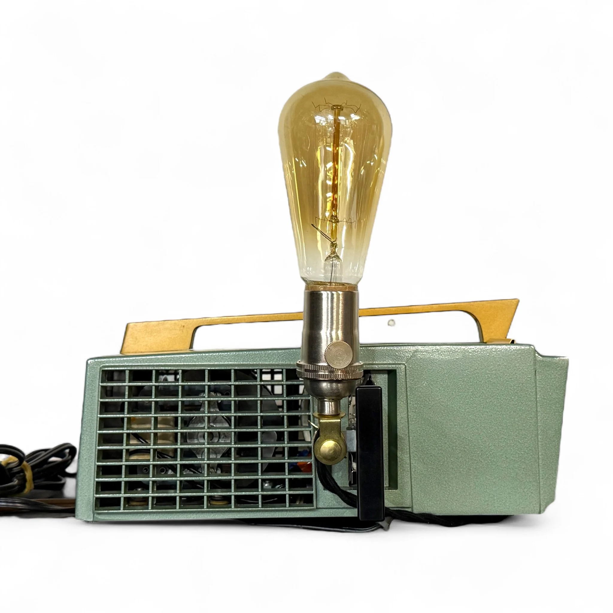 Upcycled vintage new old stock Realist slide projector desk lamp with a space age retro mid century modern design. Dual lighting features, and beautiful gold and pearlized sage green color combo.