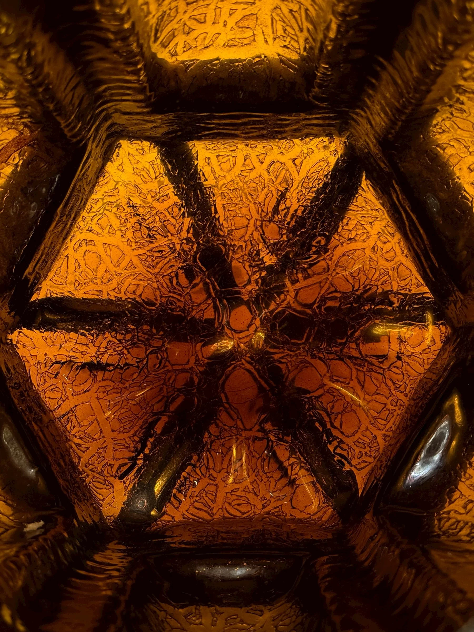 Inside view of vintage etched amber glass, carved wood, and wrought iron hanging pendant light.