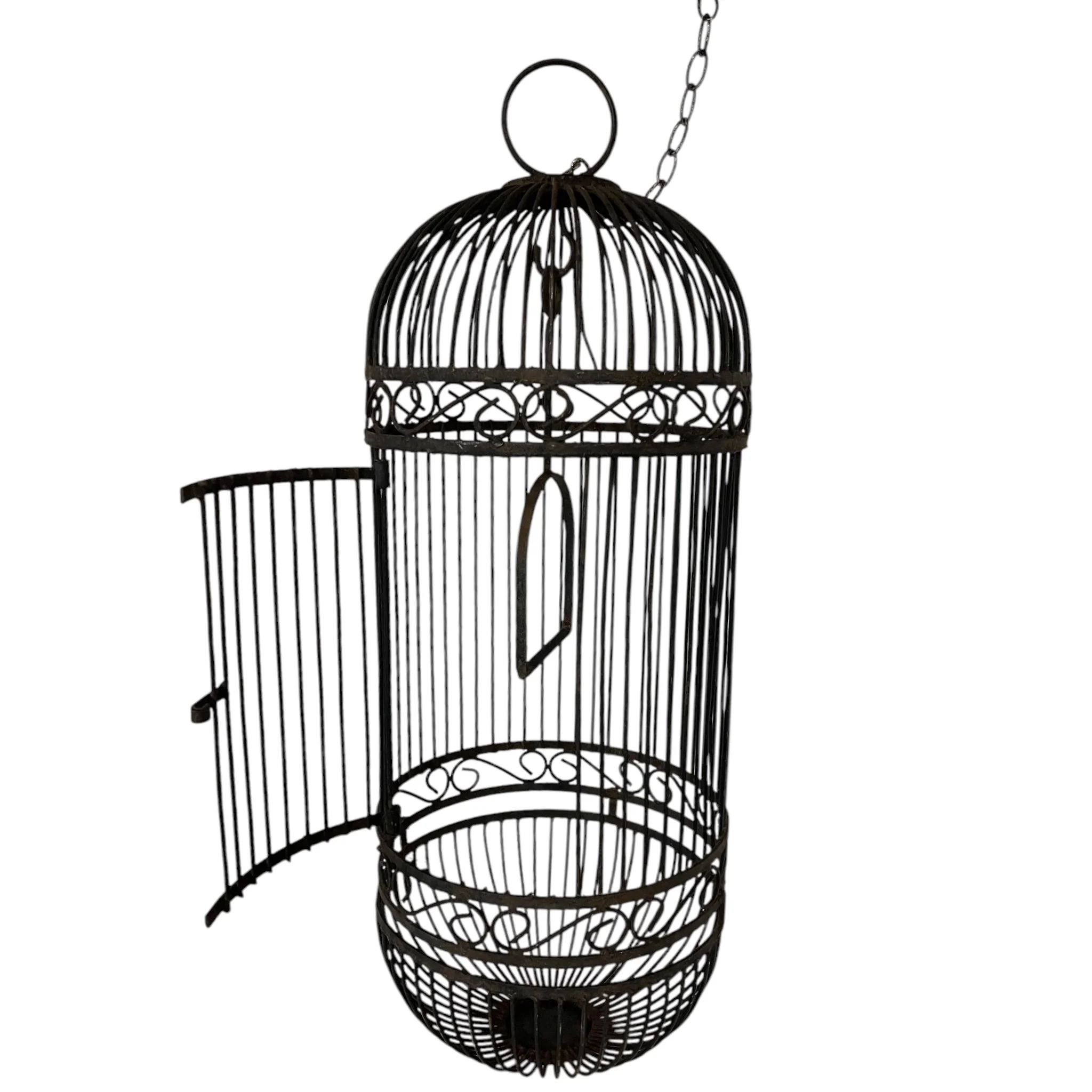 Tall hanging vintage bird cage, dome oval shaped, black wrought iron with intricate detailing,  includes chain and perch. Ideal decor for Victorian or gothic inspired interiors.