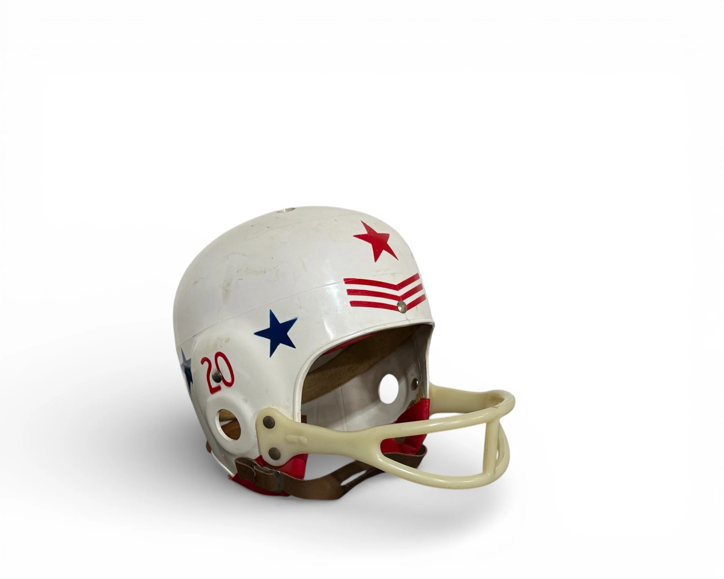 Side view of vintage patriotic football helmet with stars and stripes design