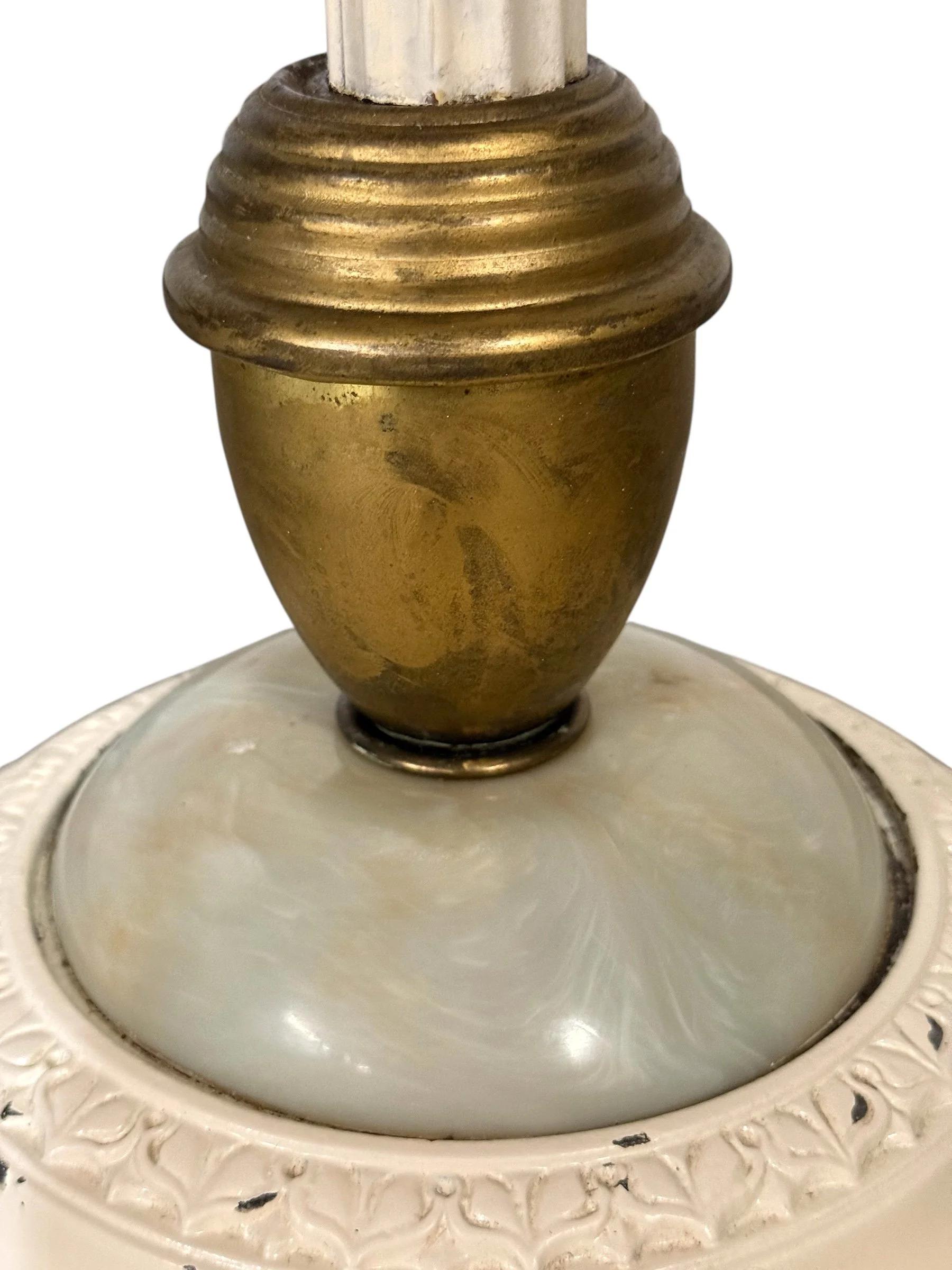 Vintage Victorian 3-arm candelabra floor lamp with ornate metal base and fringed fabric shade, 5 light standing lamp.