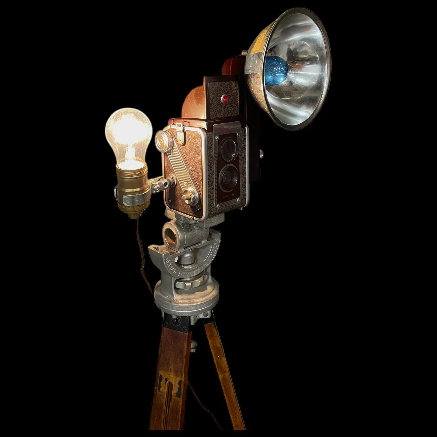 Vintage Kodak Duaflex IV Camera and Uni Colt Richards Engineering Wooden Tripod Floor Lamp