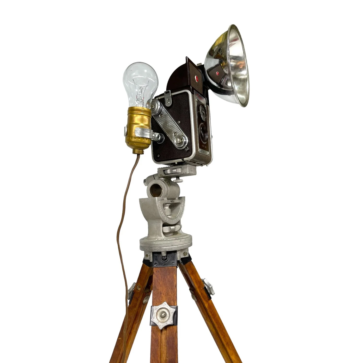 Vintage Kodak Duaflex IV Camera and Uni Colt Richards Engineering Wooden Tripod Floor Lamp
