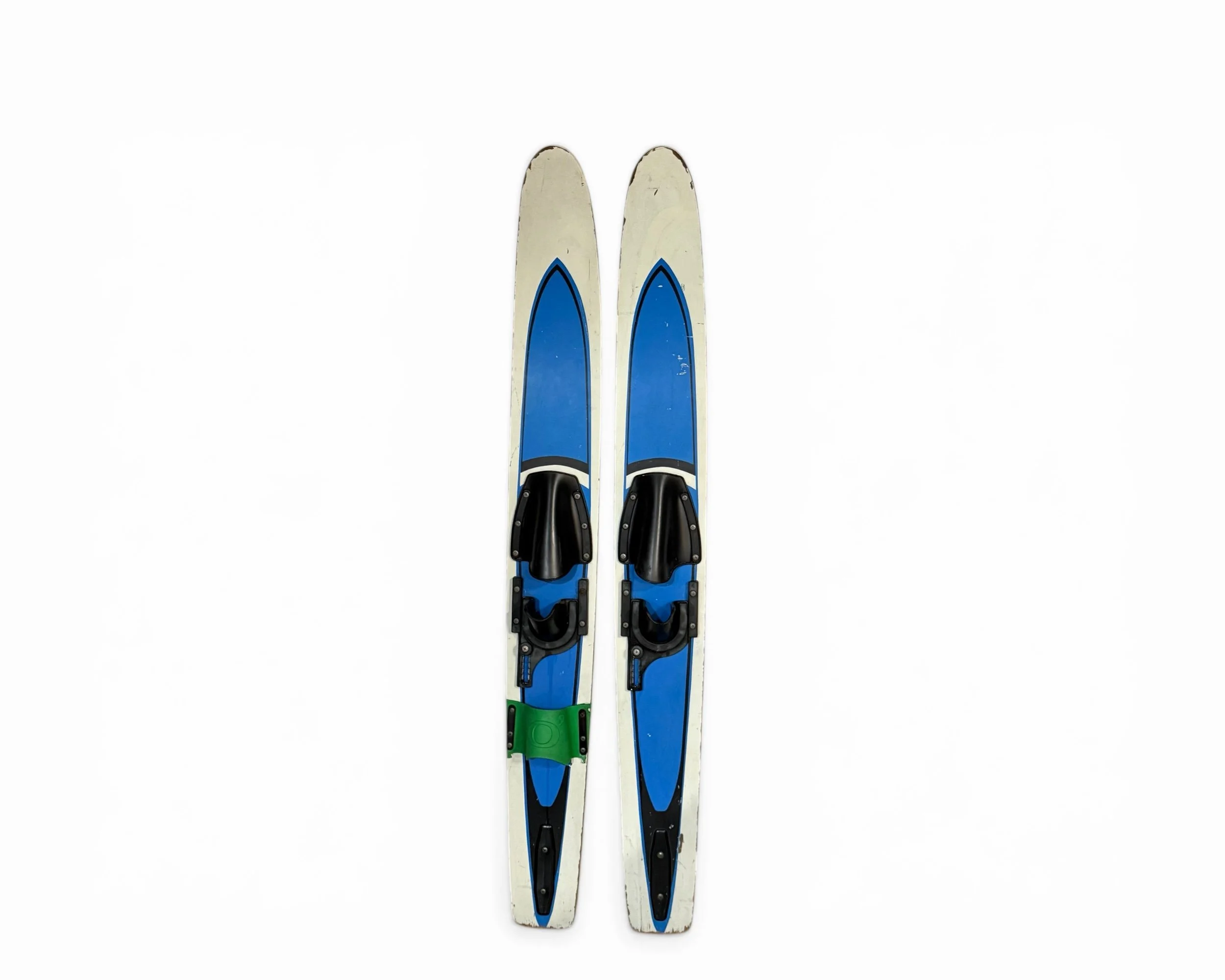 Vintage wooden water skis white blue with bindings wall decor