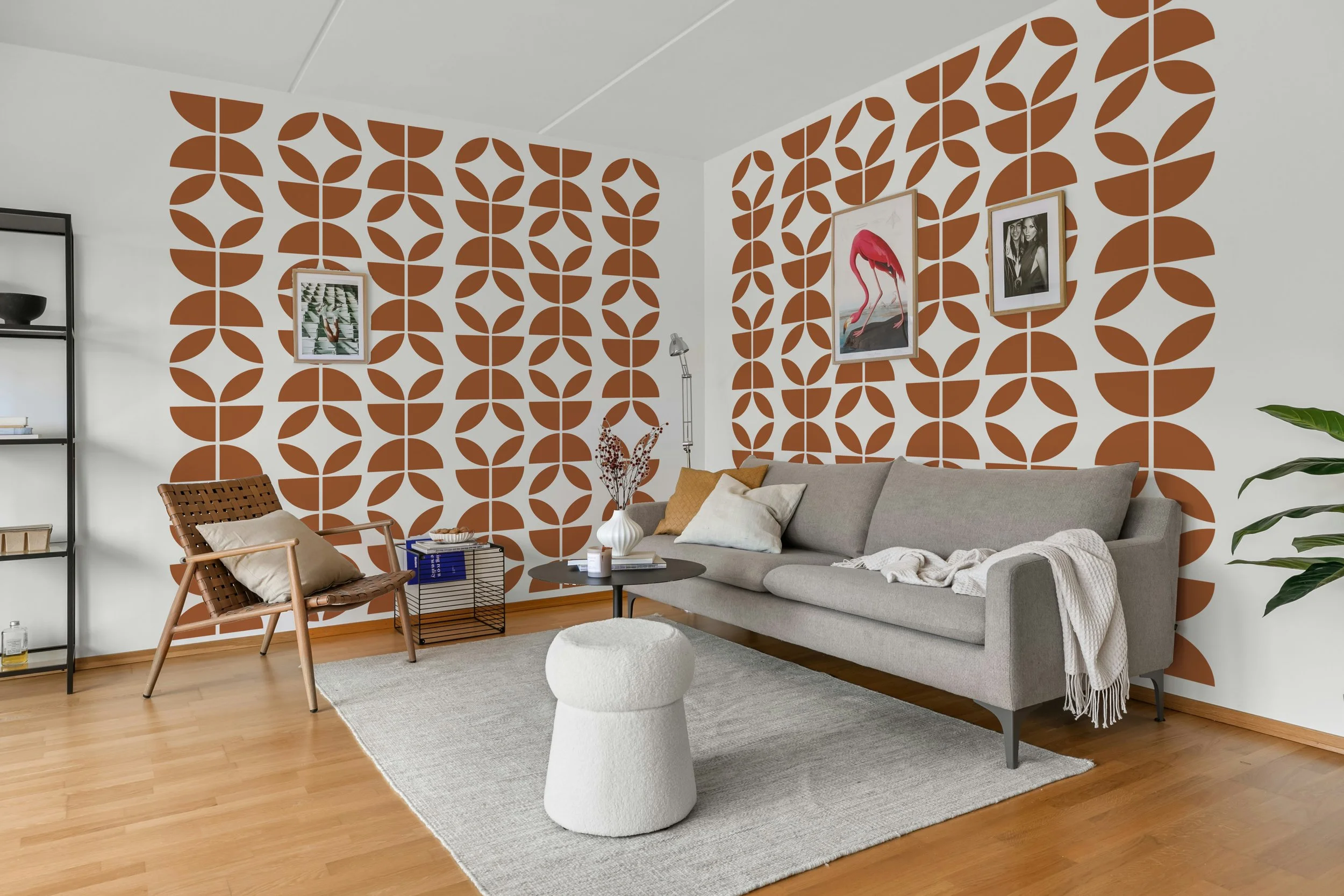 Mid century modern atomic wall decal displayed with neutral furniture and minimalist interior