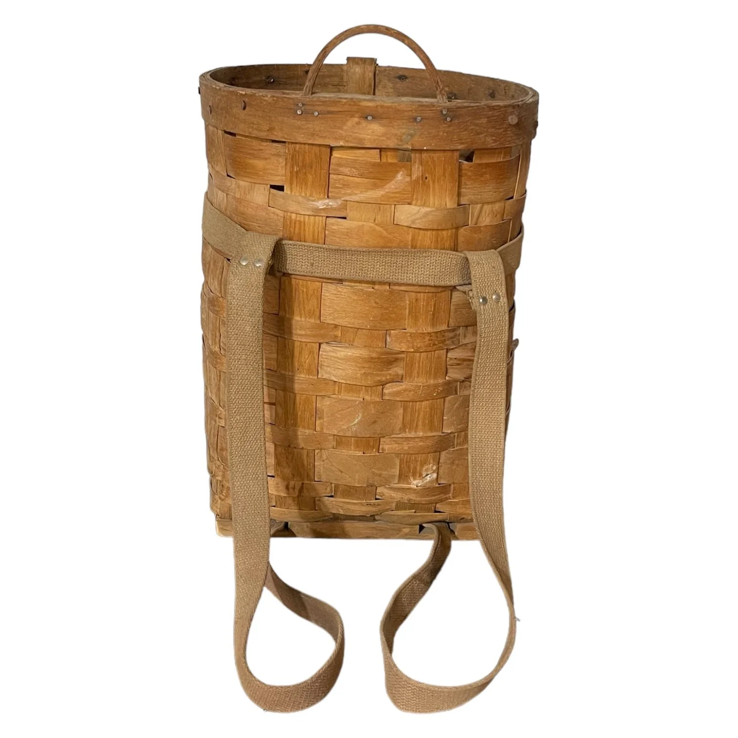 Back view of a large vintage Adirondack Pack Basket - 2 Compartments, 1 with lid, canvas adjustable shoulder straps.