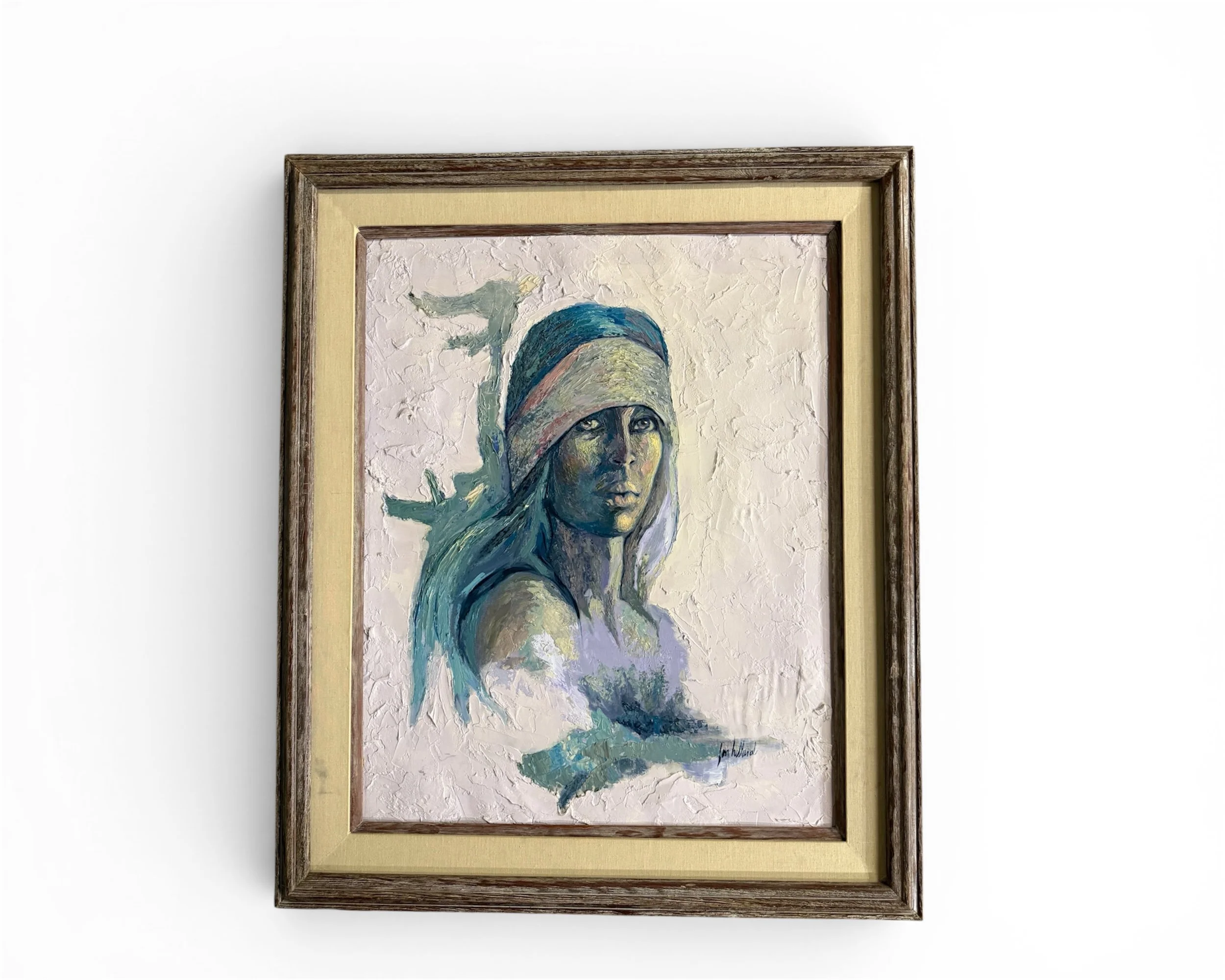 Vintage framed impasto native portrait painting of woman in blue, teal, and soft muted earth tones.