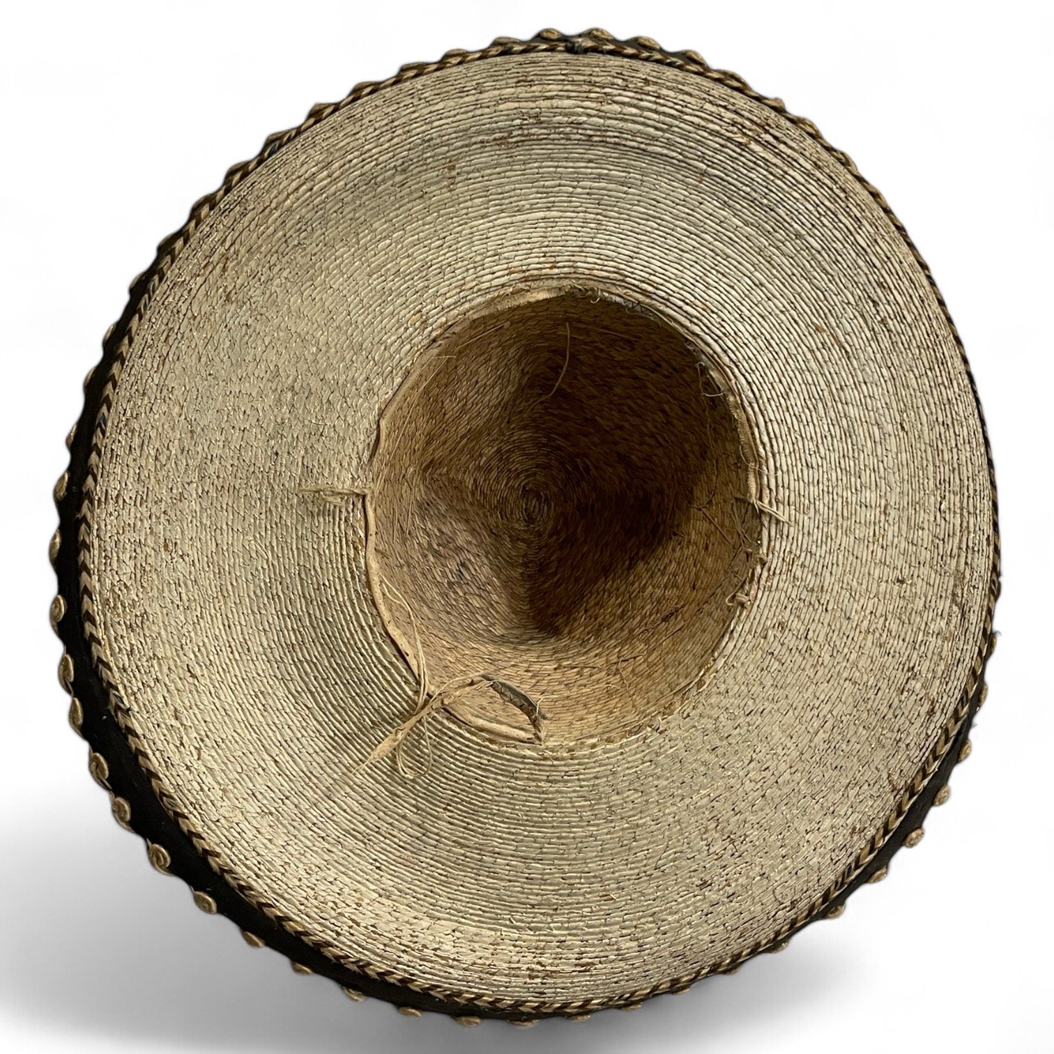 Vintage Sombrero Hat with Stitched Embroidery, Authentic Mexican High Crowned, neutral colors.