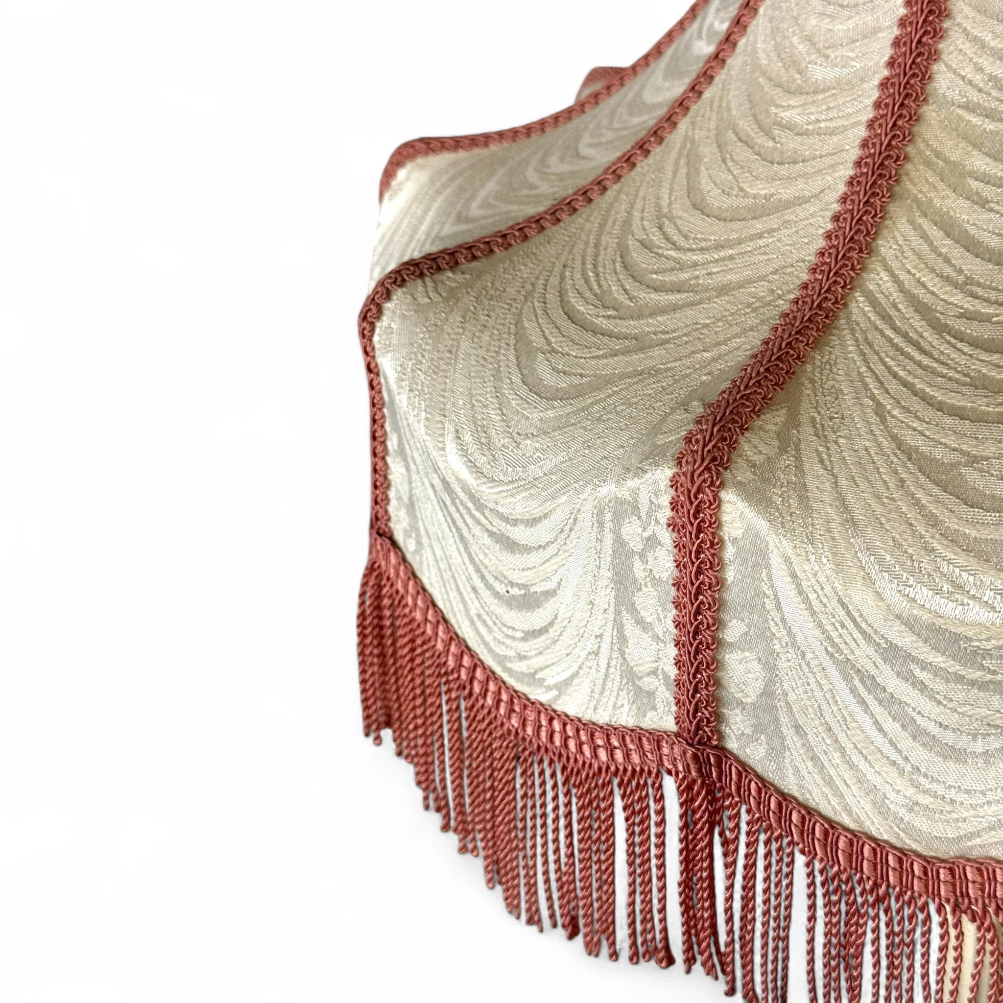 Vintage victorian fabric fringed lamp shade in off white and dusty pink.