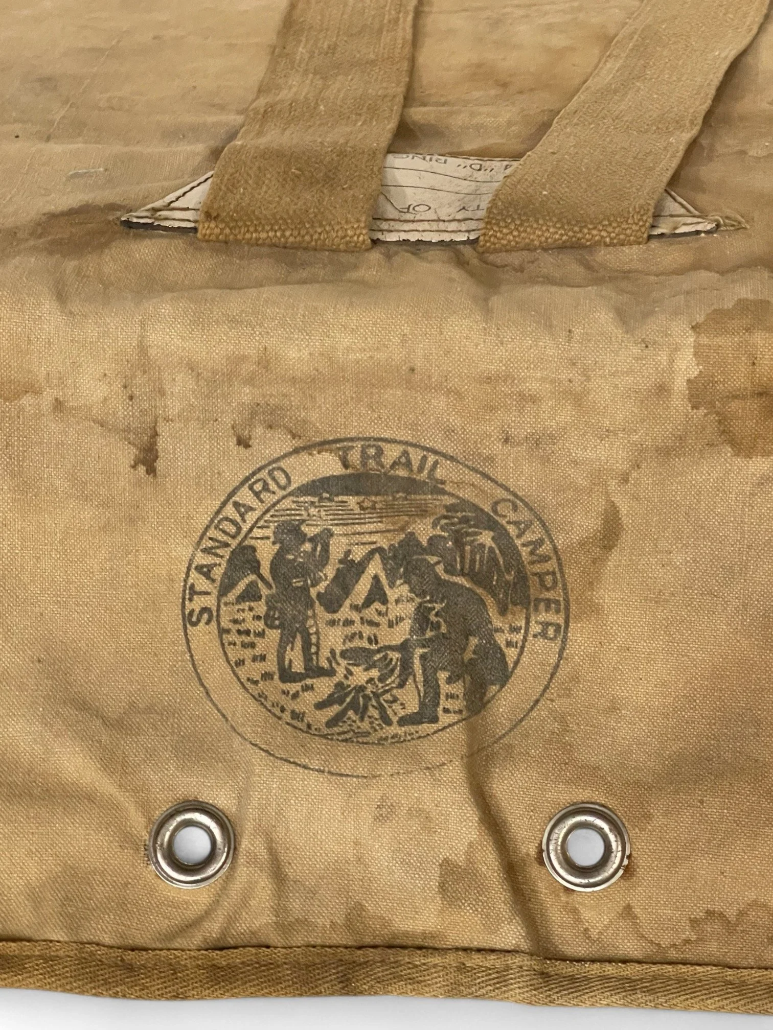 Vintage Standard Trail Camper canvas backpack with adjustable straps and metal insert, No. 724 D-ring KNA Pack, rustic outdoor camping gear