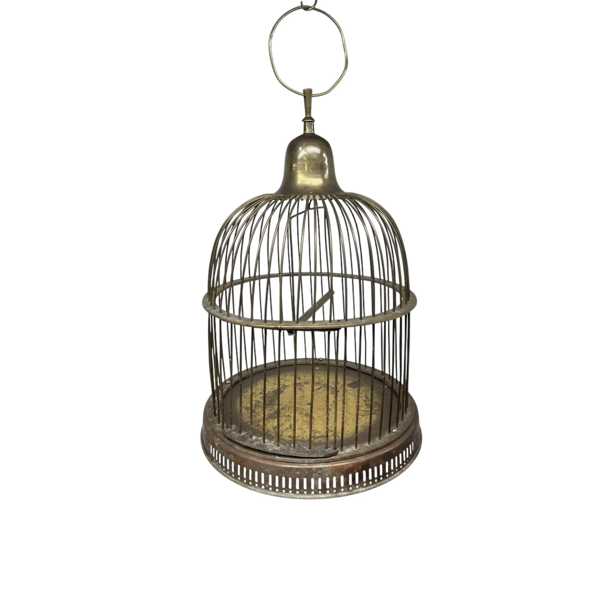 Vintage 22.5 inch tall gold metal dome shaped hanging bird cage. Well weathered and tarnished perfect for cottagecore, rustic, or county style decor.