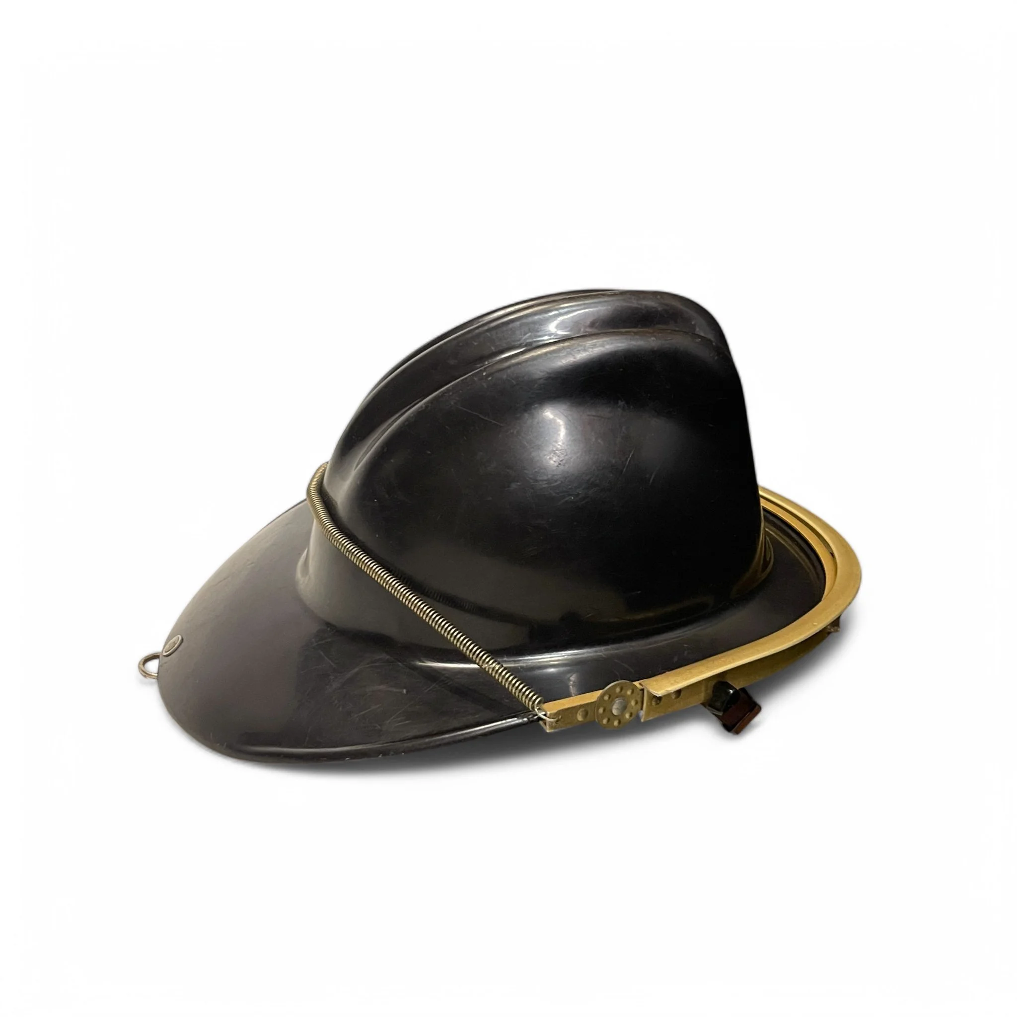 Vintage black firefighter helmet with classic design, an antique fireman collectible perfect for display, gift for fireman memorabilia, or fire department decor.