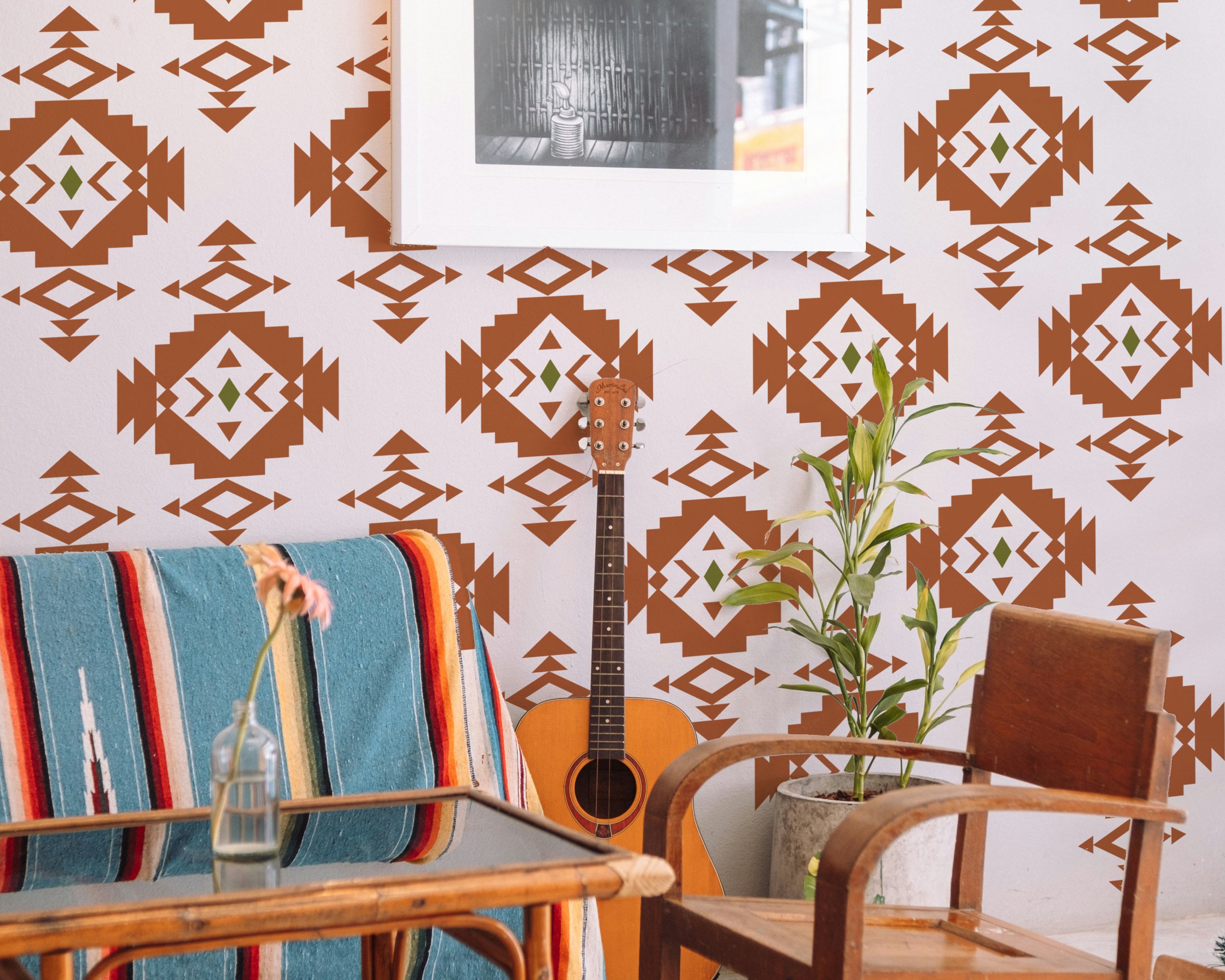 Western Navajo style removable wall decals with geometric desert design, 2 color vinyl stickers, perfect for Southwestern or rustic home decor.