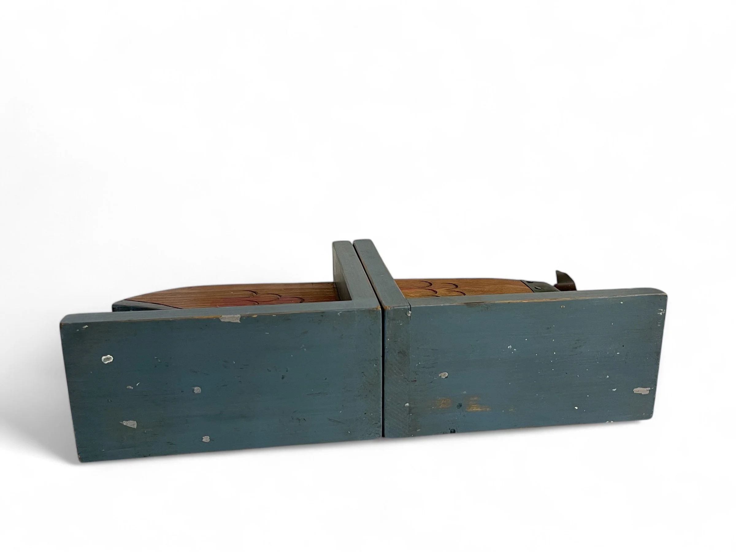 A set of vintage fish bookends crafted from wood and metal, measuring 17 inches wide x 8 inches tall, perfect for whimsical nurseries,  or rustic lodge and cabin decor.