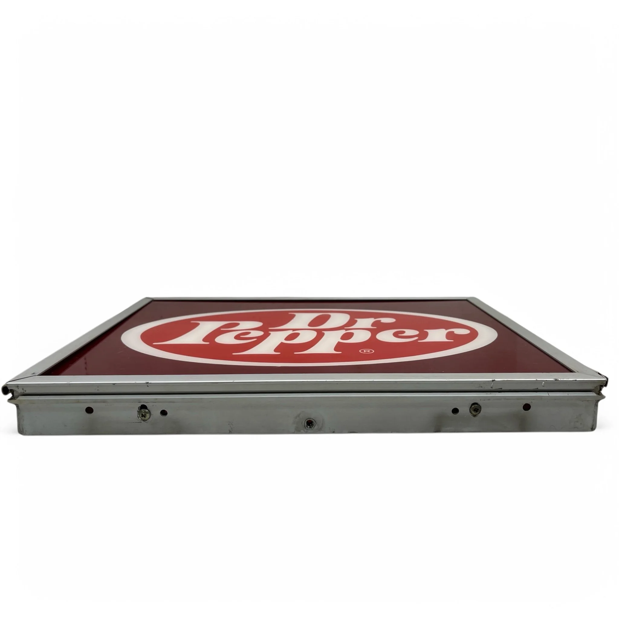 Vintage 1970s Dr. Pepper vending machine sign made of plexiglass in an aluminum frame, measures 16 x 13 inches, retro soda advertising collectible for wall decor.