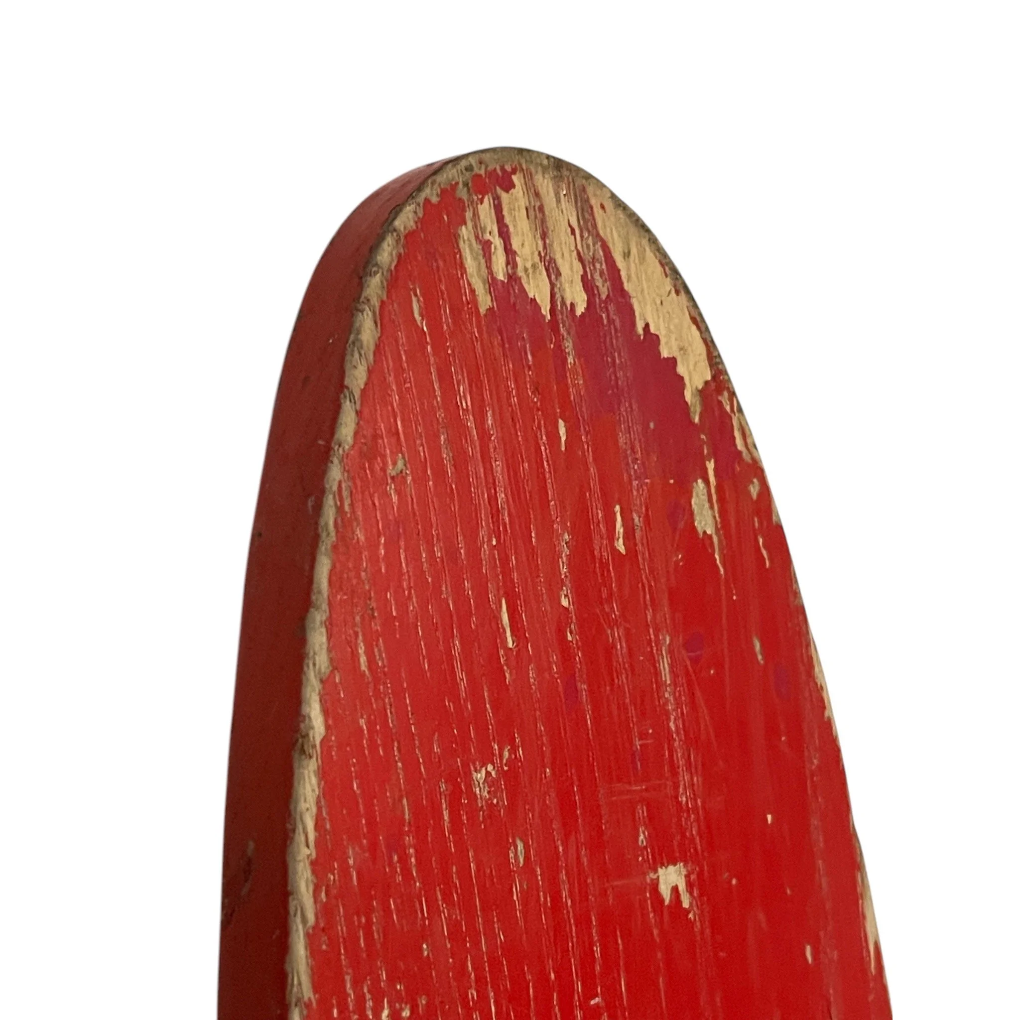 Vintage pair of red white Sears Shorty Combo wooden water skis, well weathered and perfect for beach house decor.