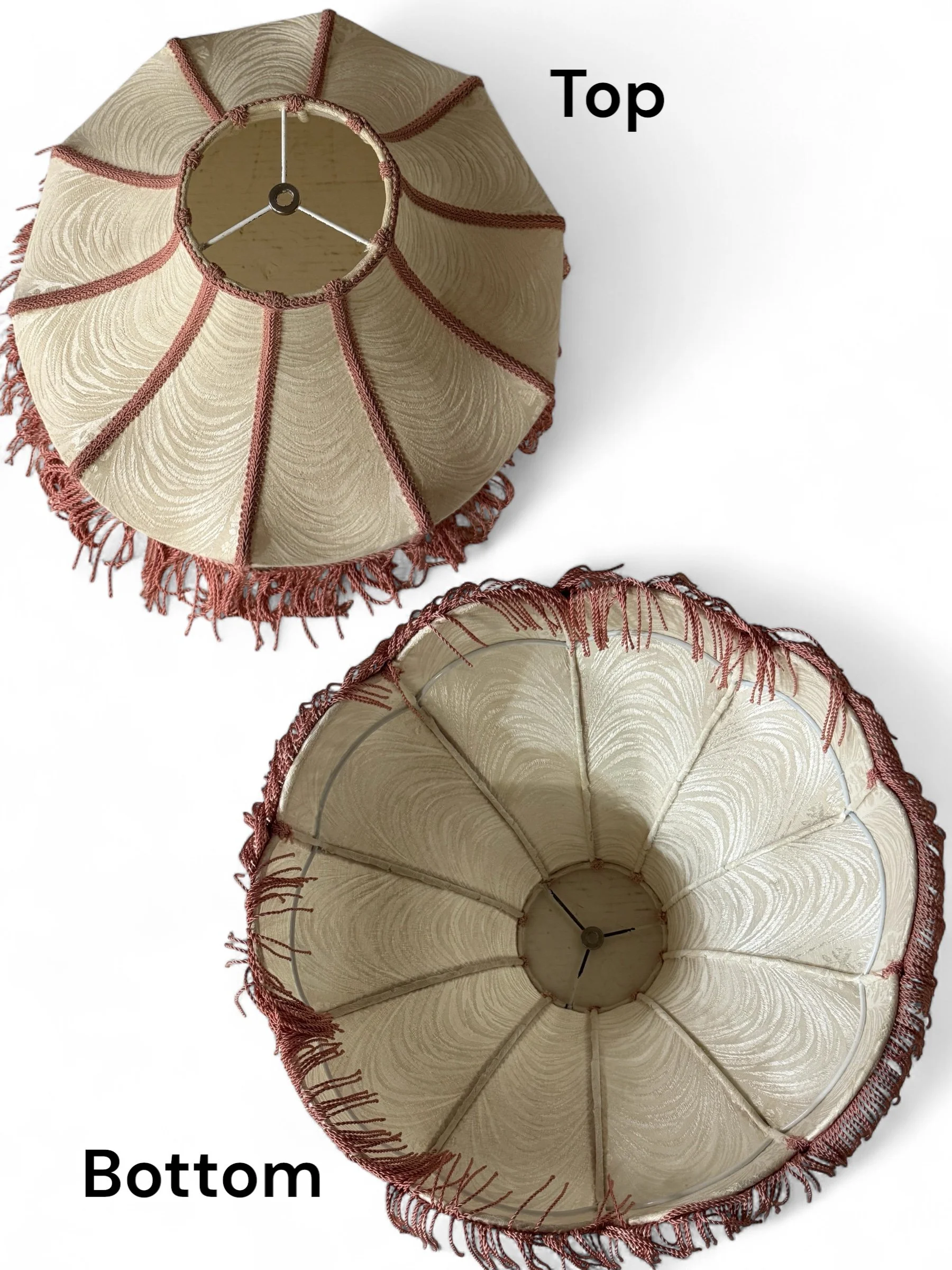 Vintage victorian fabric fringed lamp shade in off white and dusty pink.