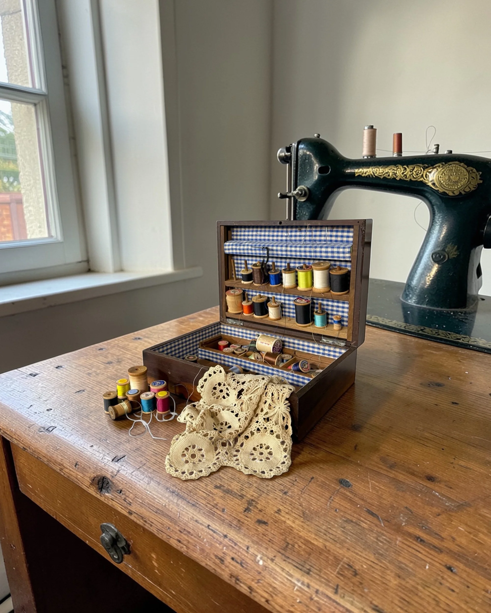 Rustic wooden sewing organizer for cottagecore decor shown styled on a rustic wooden table with an antique sewing machine in the background