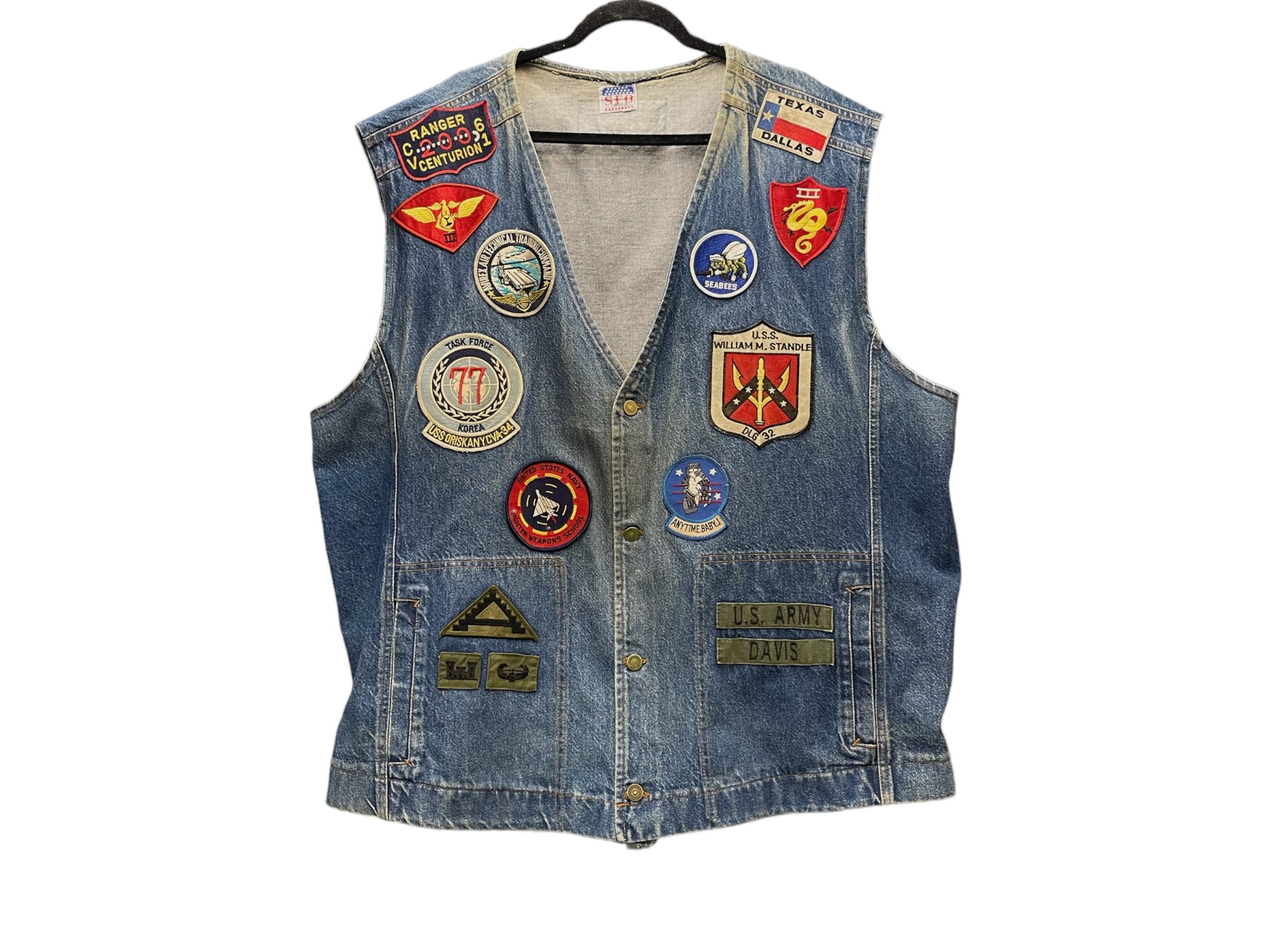 Vintage mens 3XL or 4XL denim vest by SFO San Francisco Overall with vintage military patches.