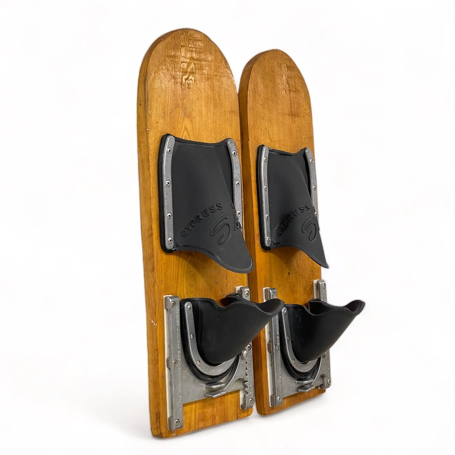 Vintage pair of Cypress Gardens trick wooden water skis, 19 3/4 inches with bindings.