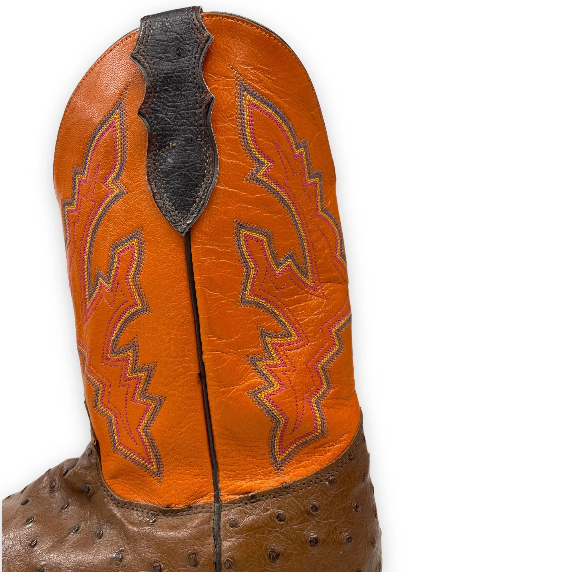 Vintage men's leather cowboy boots, Justin, Style: Comb Last 8962, US men's 11 1/2, made in USA, full quill ostrich, square toe, brown and orange