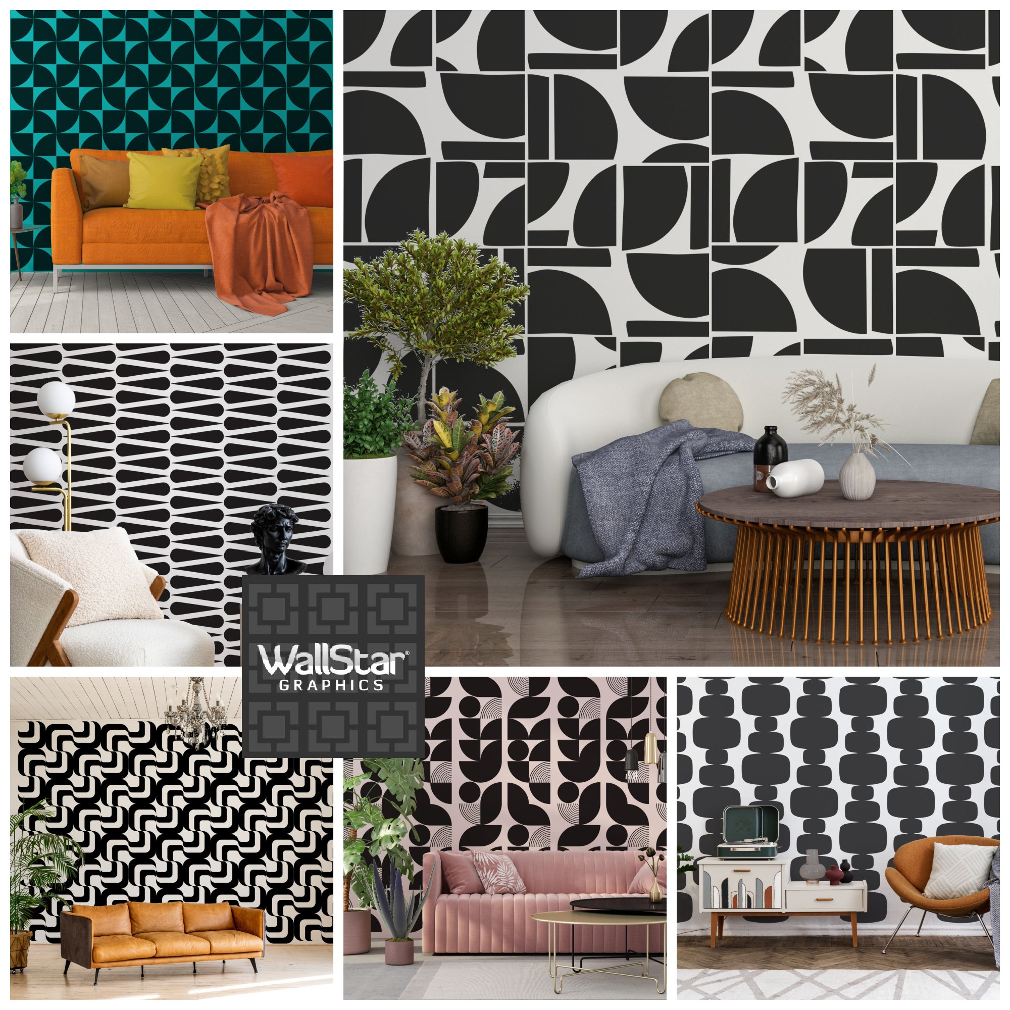 A collage of bold, abstract removable vinyl wall decals by Wall Star Graphics, perfect for maximalist decor and statement walls.