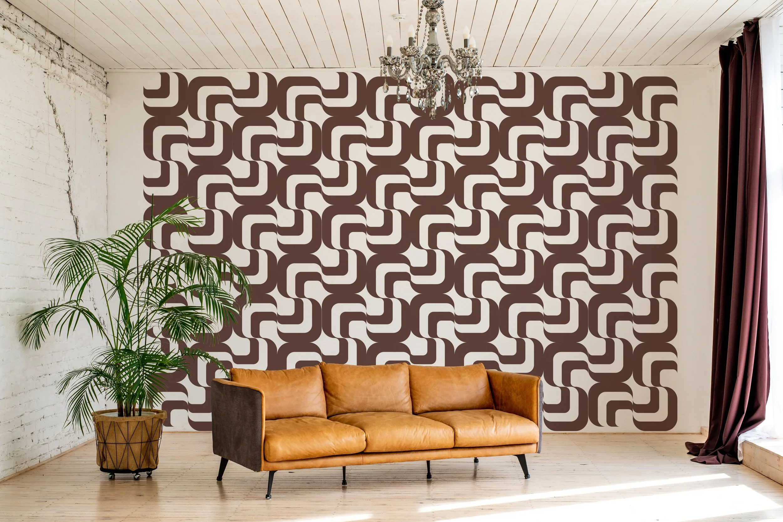 Geometric pattern wall decal in brown in a Hollywood Glam living space, Wall Star Graphics.