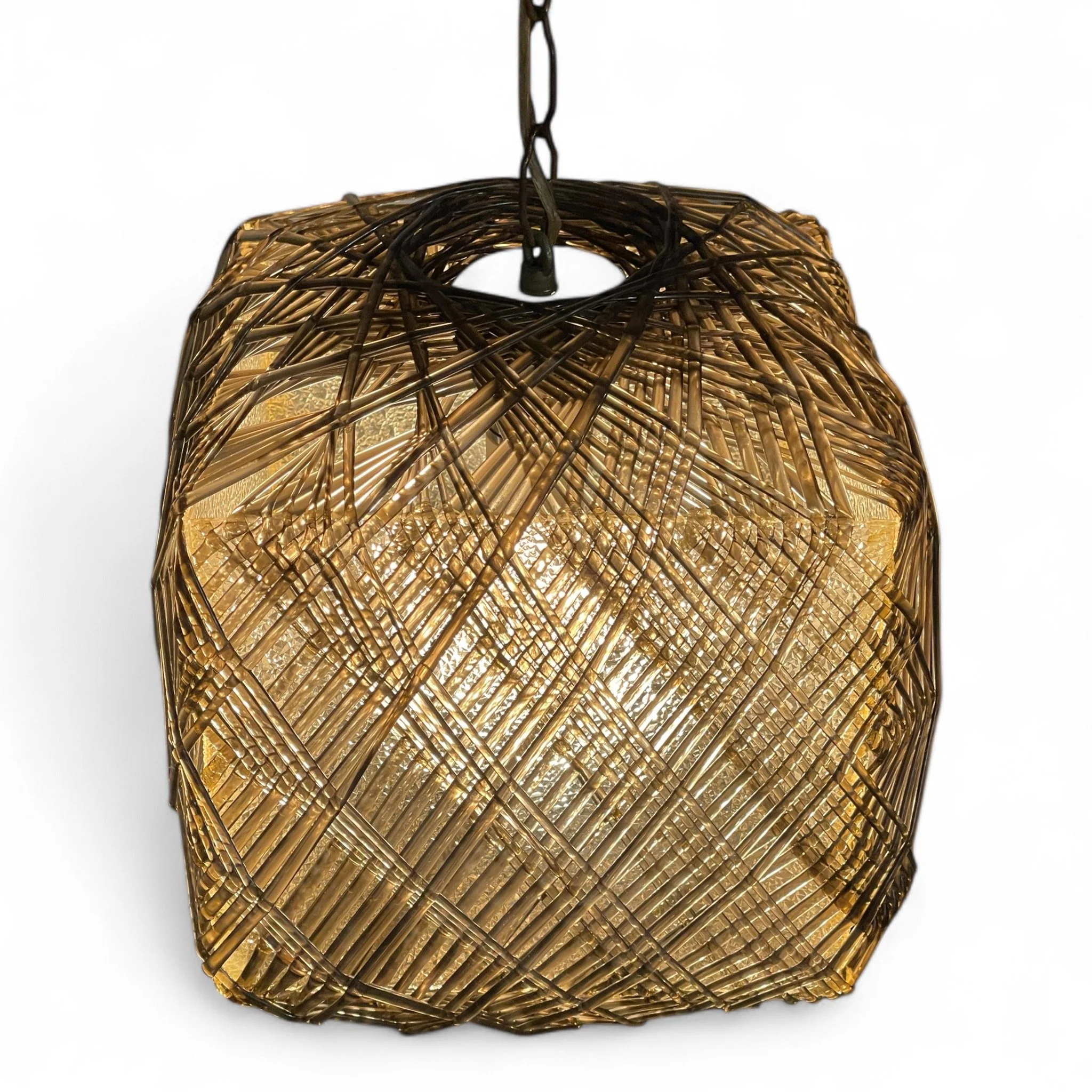 Vintage square lucite hanging swag light with chain. This unique pendant light features a geometric woven lucite design in a rich smoky grey, creating a warm, ambient glow when lit.