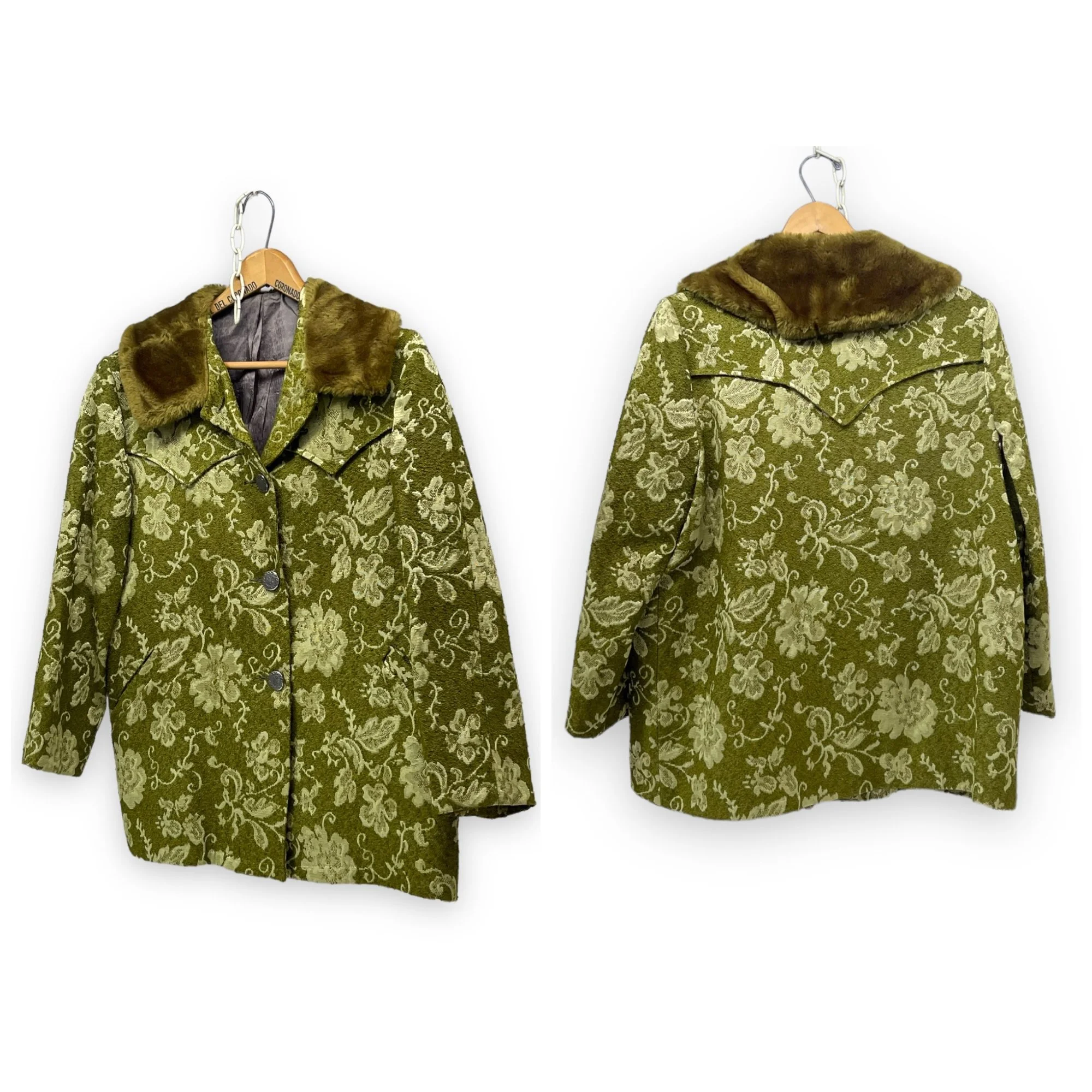 Vintage 1960s women's Westwear jacket in green floral tapestry, classic ranch style with button front closure, fully lined, front pockets, and western yoke detailing.