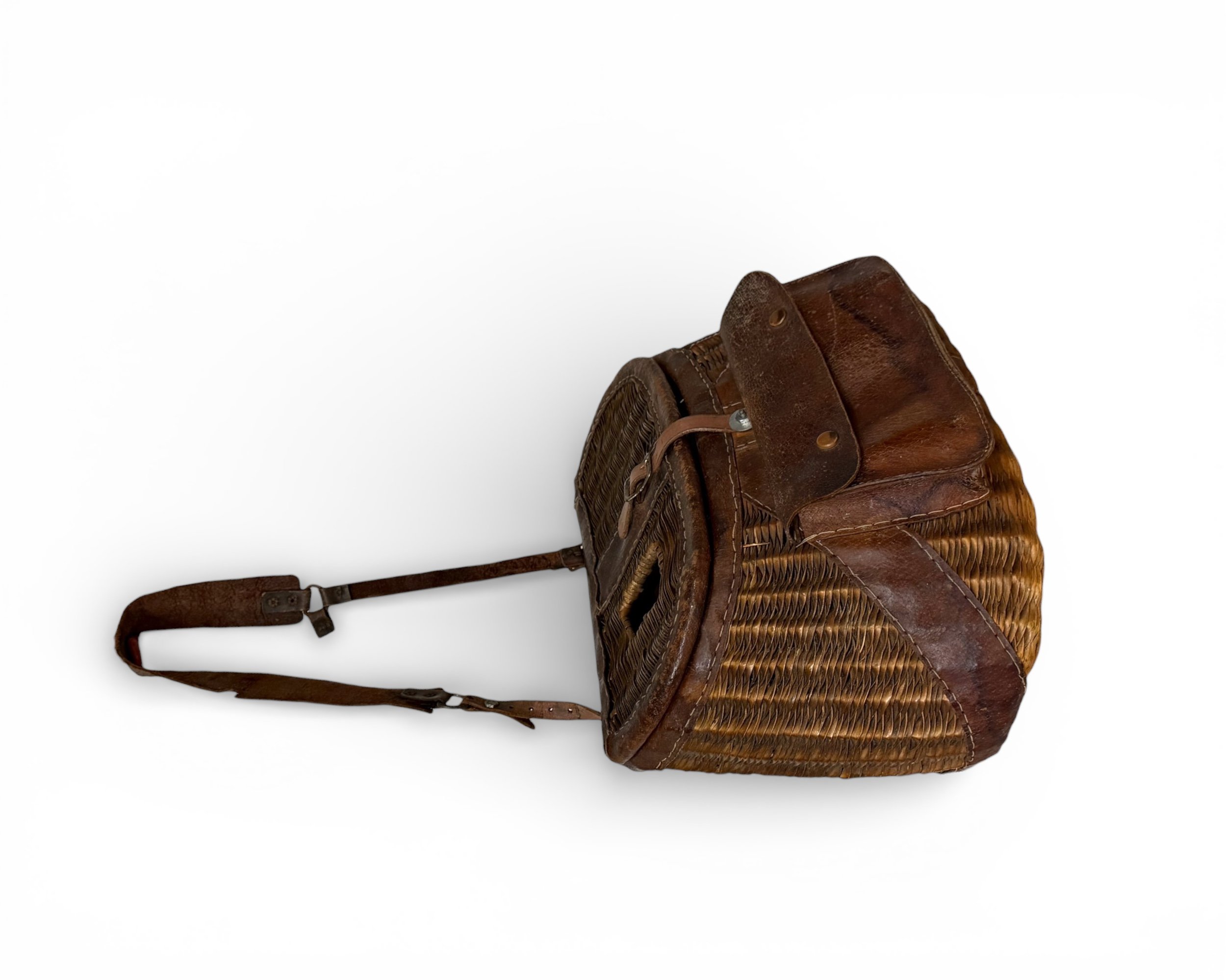 side view, vintage fly fishing creel cabin