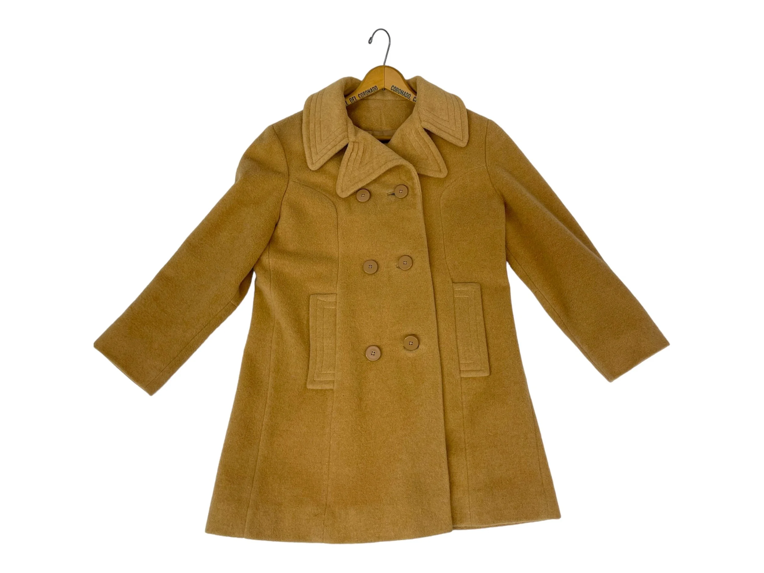 Vintage womens fully lined double breasted button front camel hair coat by JJ ODonnell for Montgomery Ward.