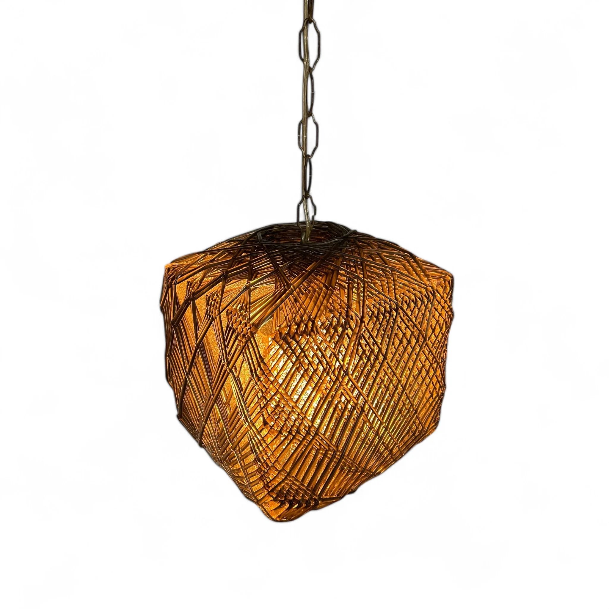 Vintage square lucite hanging swag light with chain. This unique pendant light features a geometric woven lucite design in a rich smoky grey, creating a warm, ambient glow when lit.
