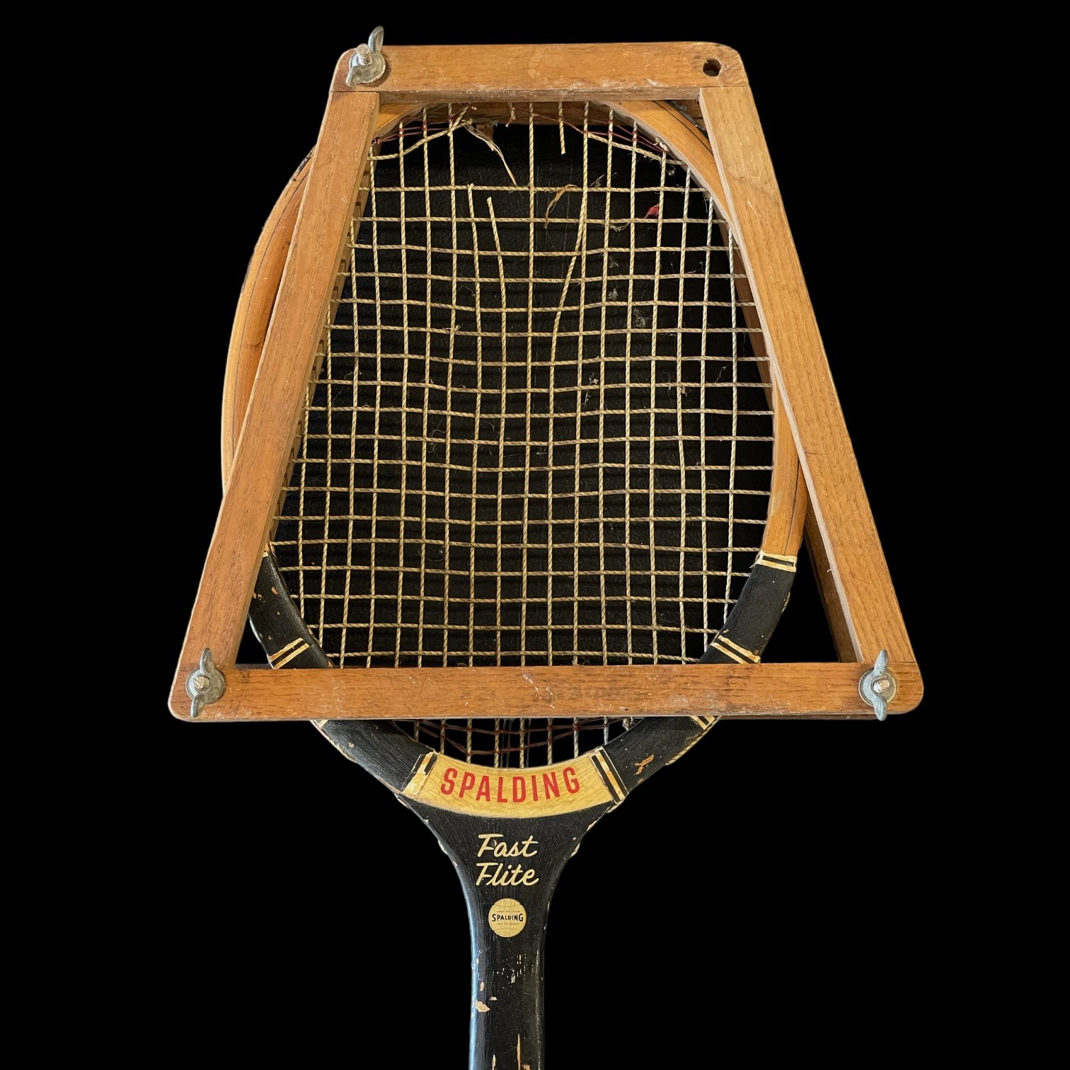 Vintage Wooden Tennis Racket Pair, Spalding Fast Flite, Paucho Segura Special Model with racket press, sports collectible game room decor.