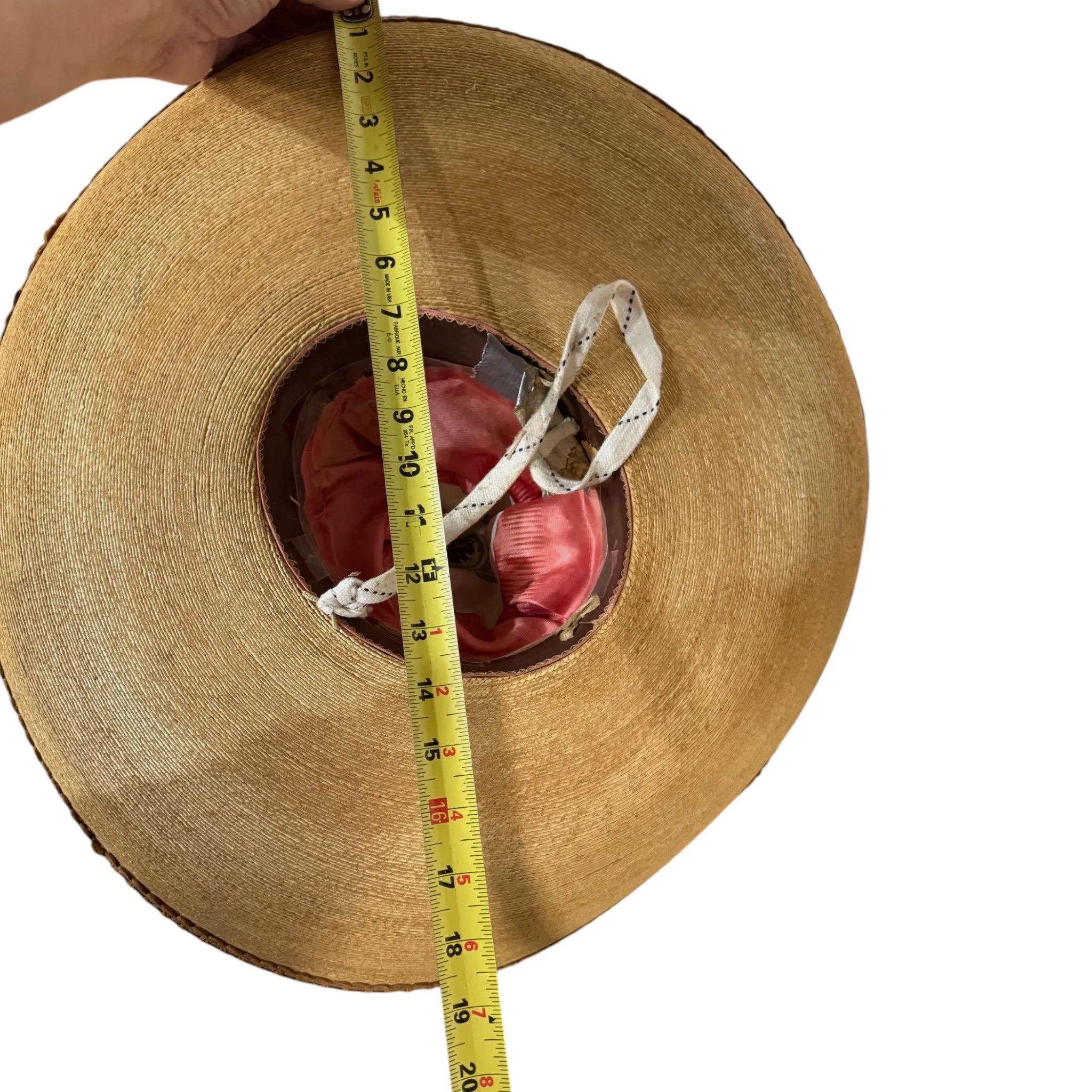 Underside view of a vintage Alberto Chavez high crown sombrero showing measurements.