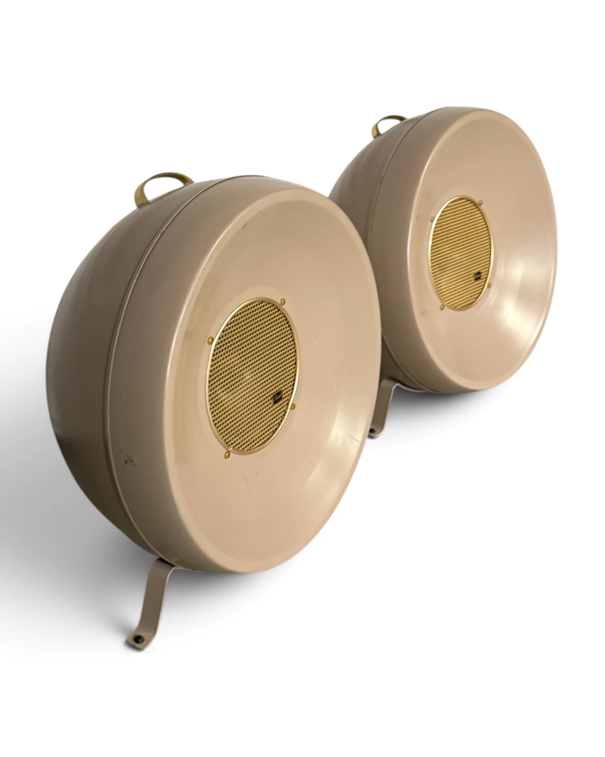 Pair of vintage Bozak Bard kettle drum speakers with champagne-beige metal housing & adjustable stands.