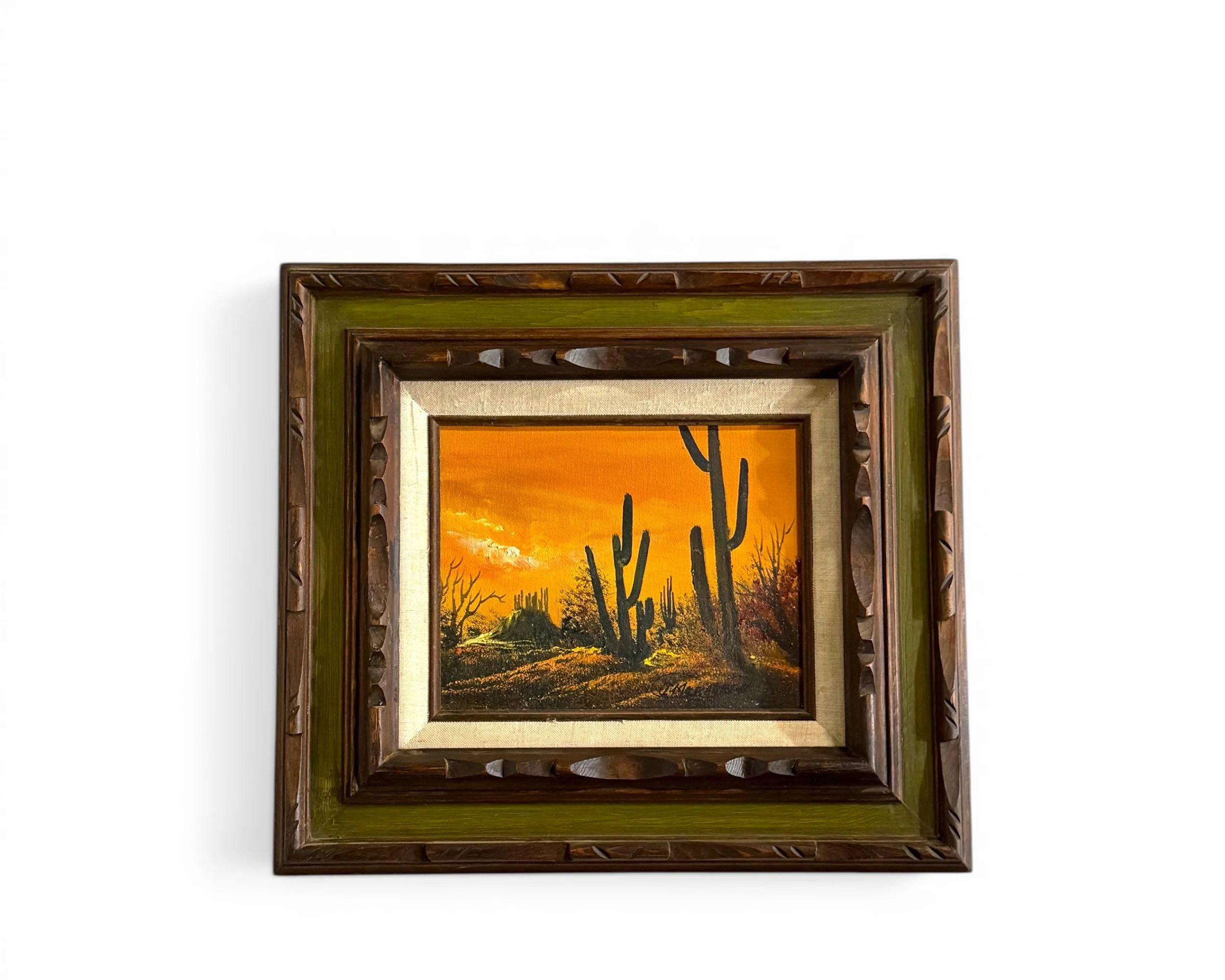 Vintage framed desert landscape original painting with saguaro cactus sunset scene on canvas.