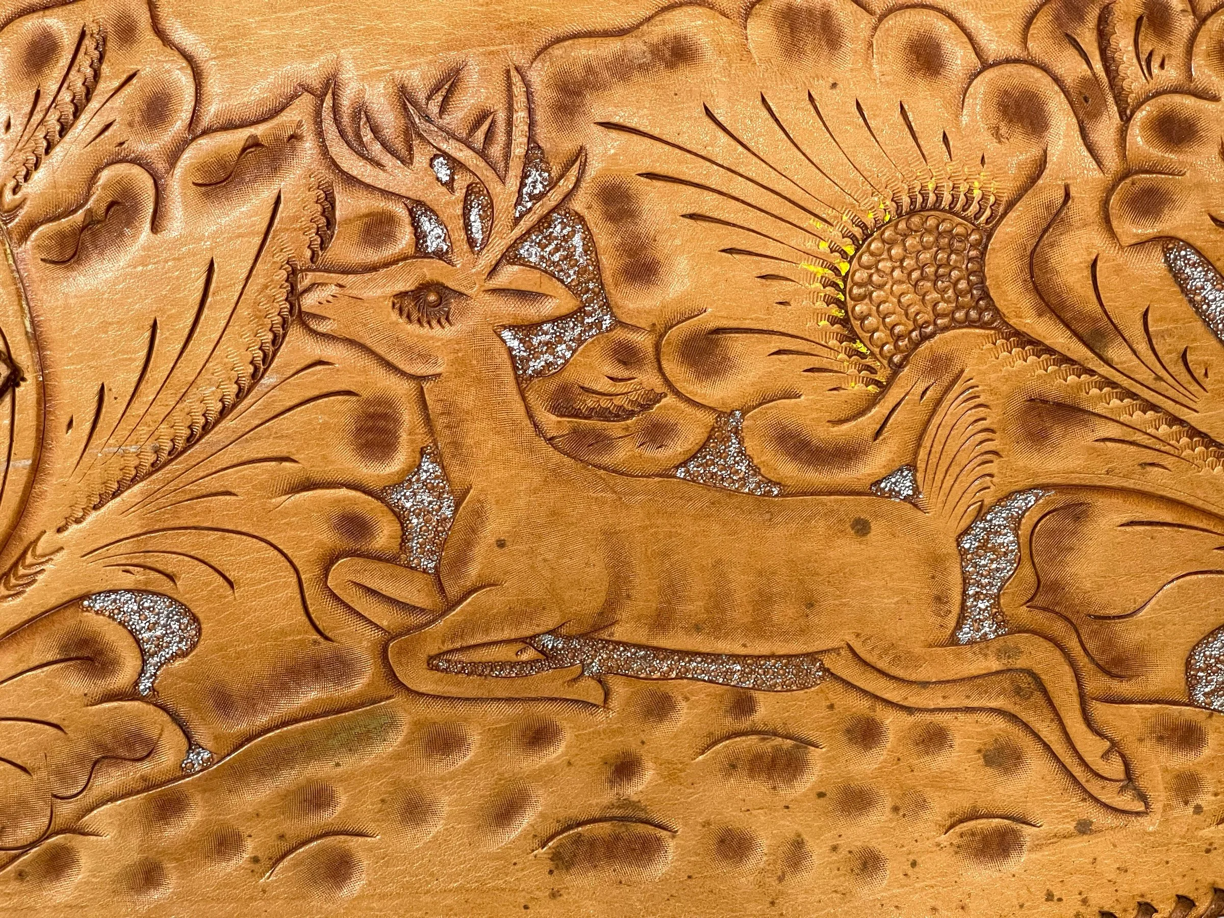 Vintage genuine leather hand tooled two piece rifle case lined in red fleece. Embossed flowers, deer on gun case.