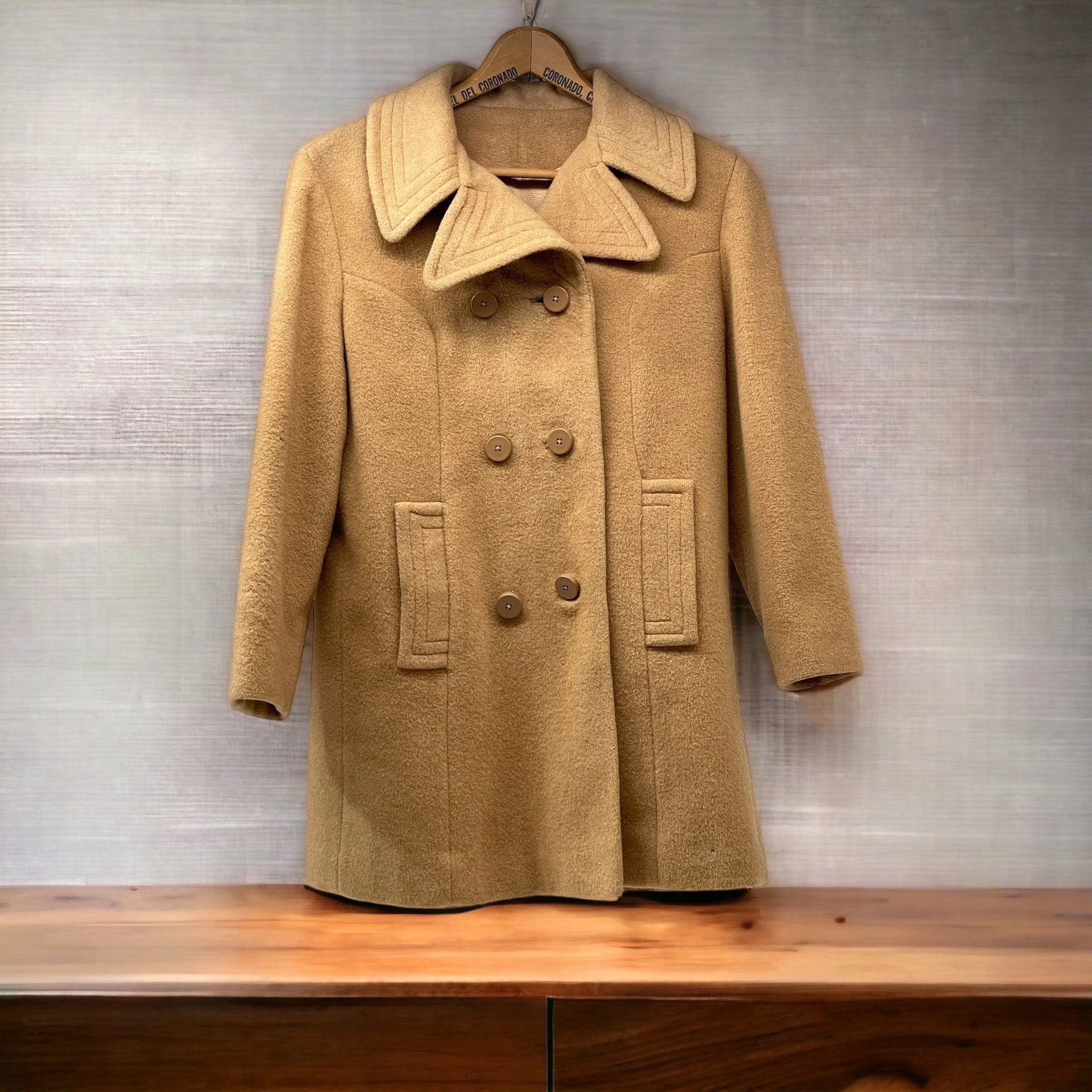 Vintage womens fully lined double breasted button front camel hair coat by JJ ODonnell for Montgomery Ward.