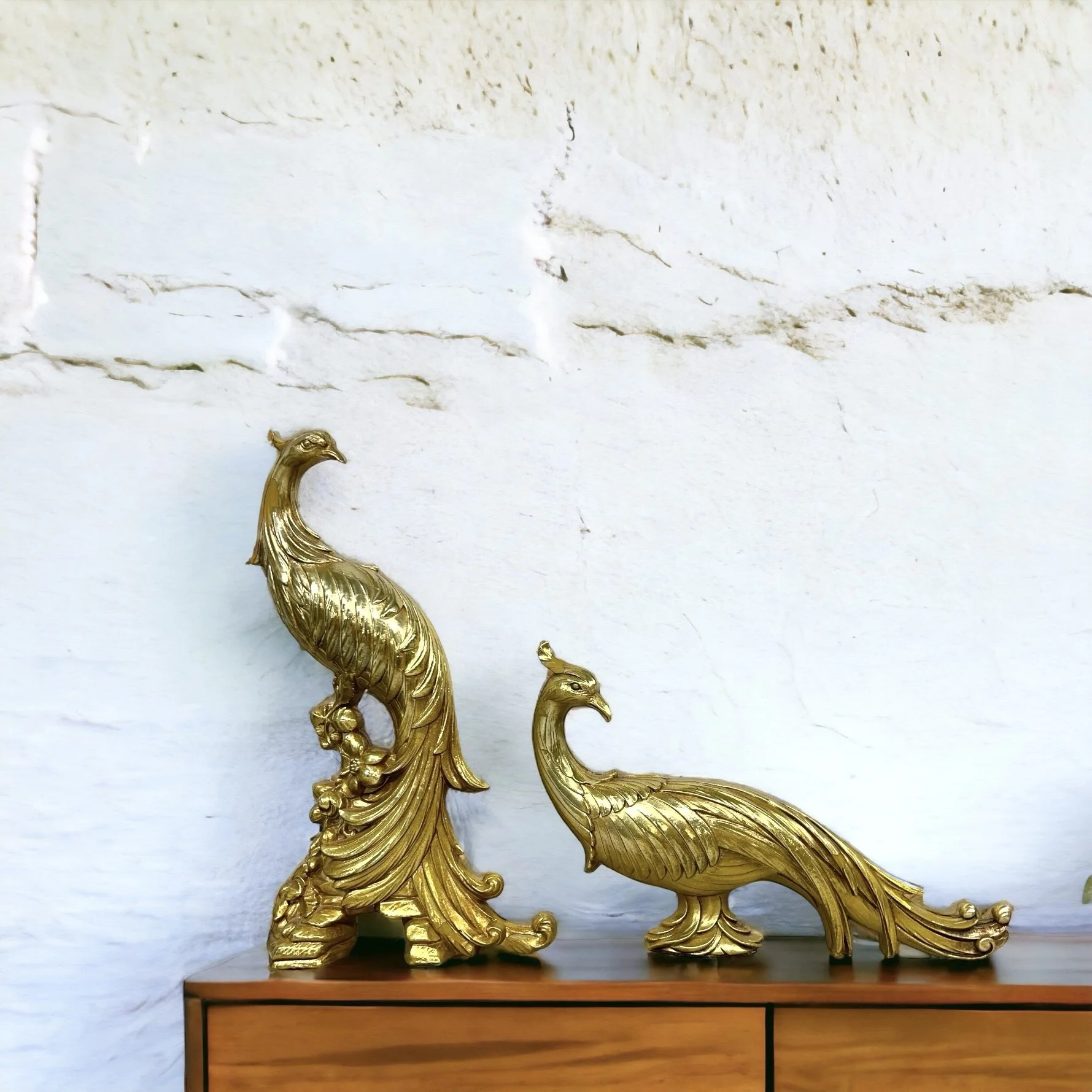 Vintage 1960s Syroco gold tabletop peacocks set of 2