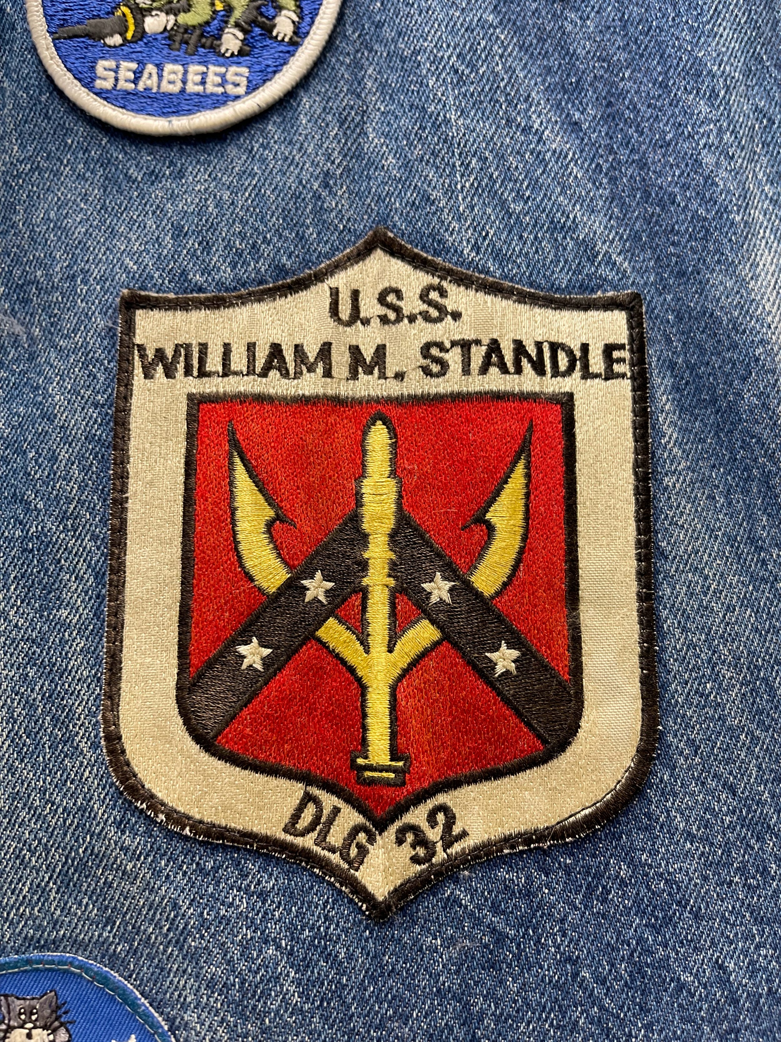 Vintage mens 3XL or 4XL denim vest by SFO San Francisco Overall with vintage military patches.