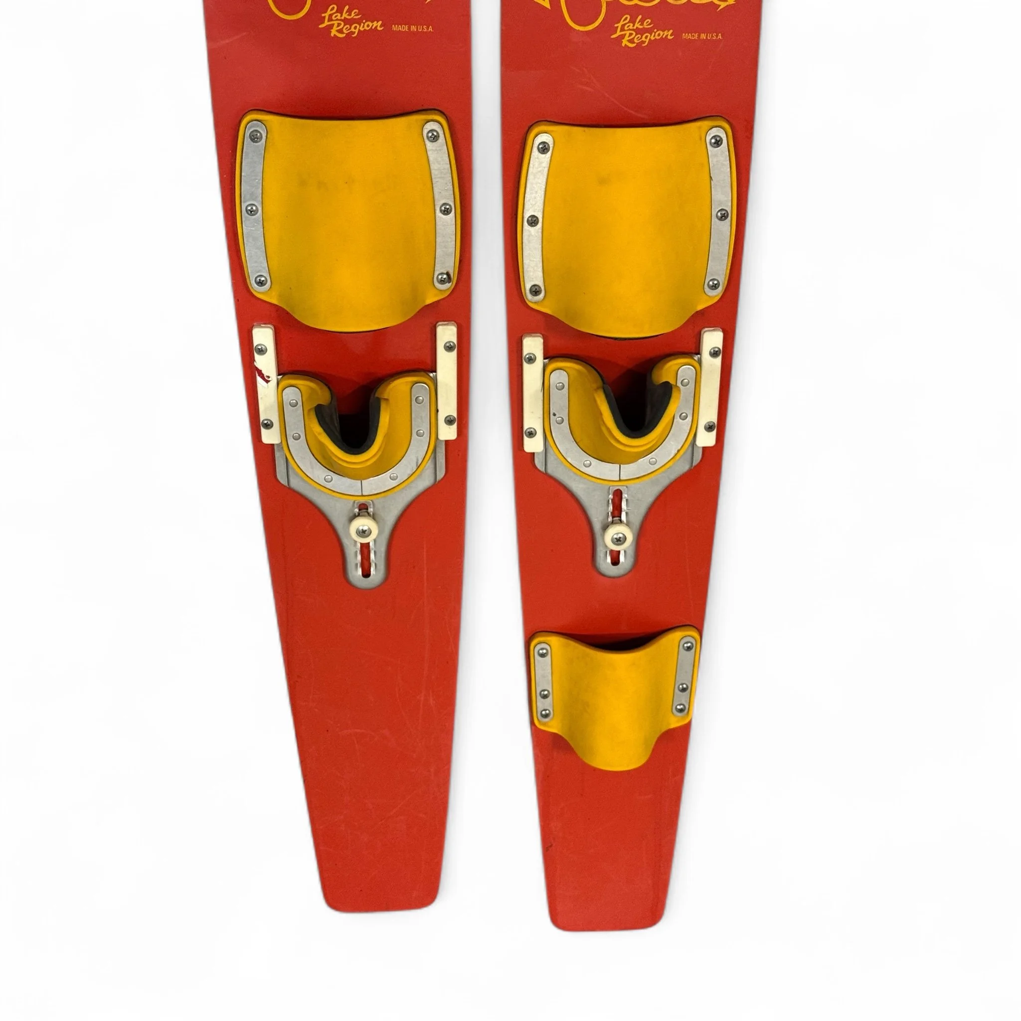 Vintage Lil Rascal kids wooden water skis in red & yellow. Made in USA. Perfect nautical wall decor for lake house, cabin, or coastal home.