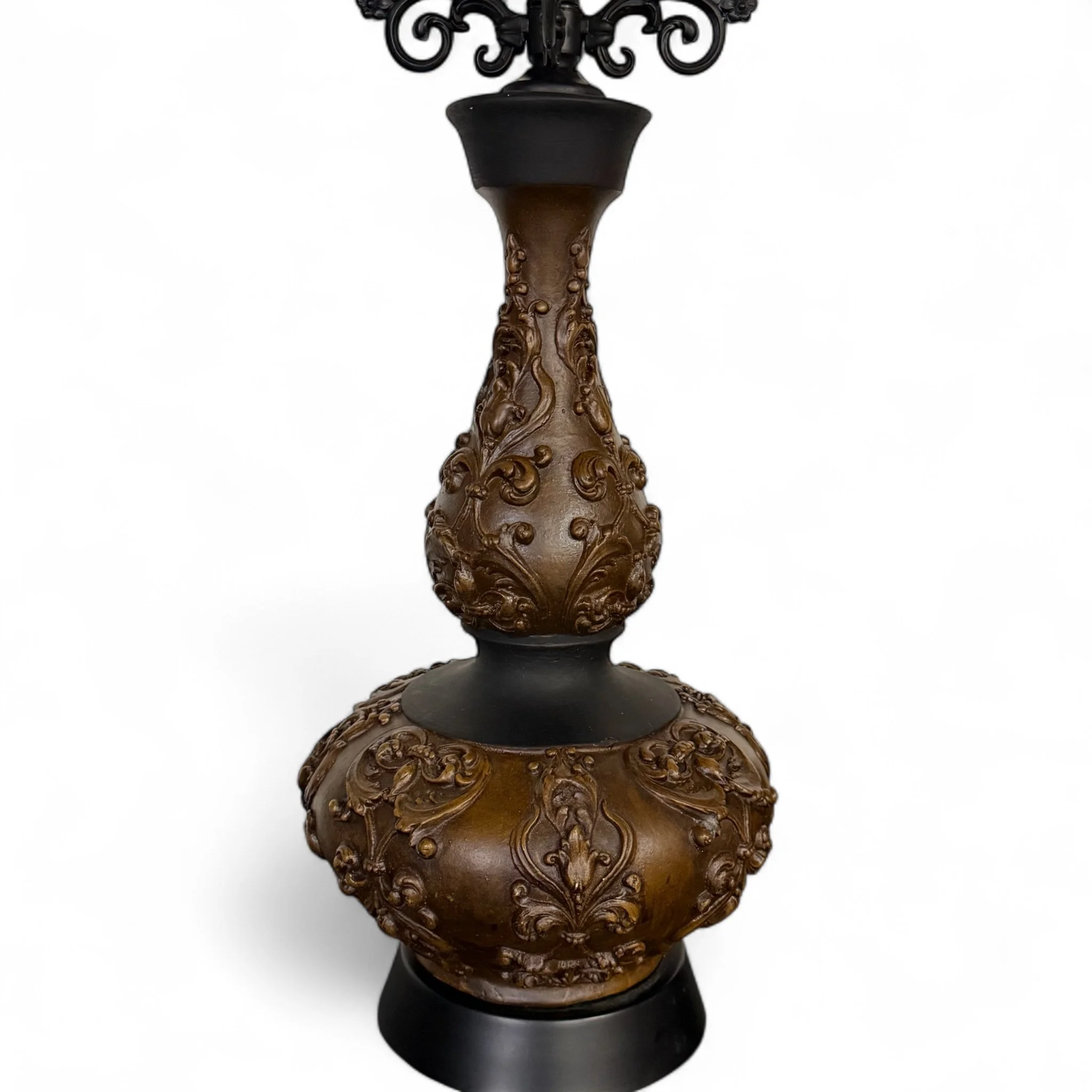 Pair of large vintage Spanish Revival table lamps with ornate plaster and cast metal design, ideal for Gothic, Mediterranean, or Old World style interiors.